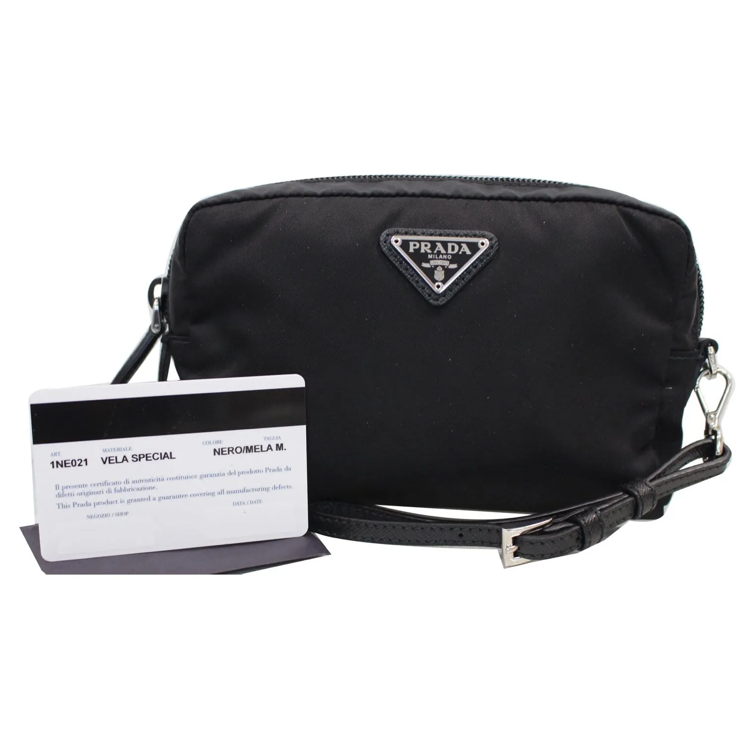 PRADA Logo Round Edge Nylon Cosmetic Wristlet Pouch Black 1NE021