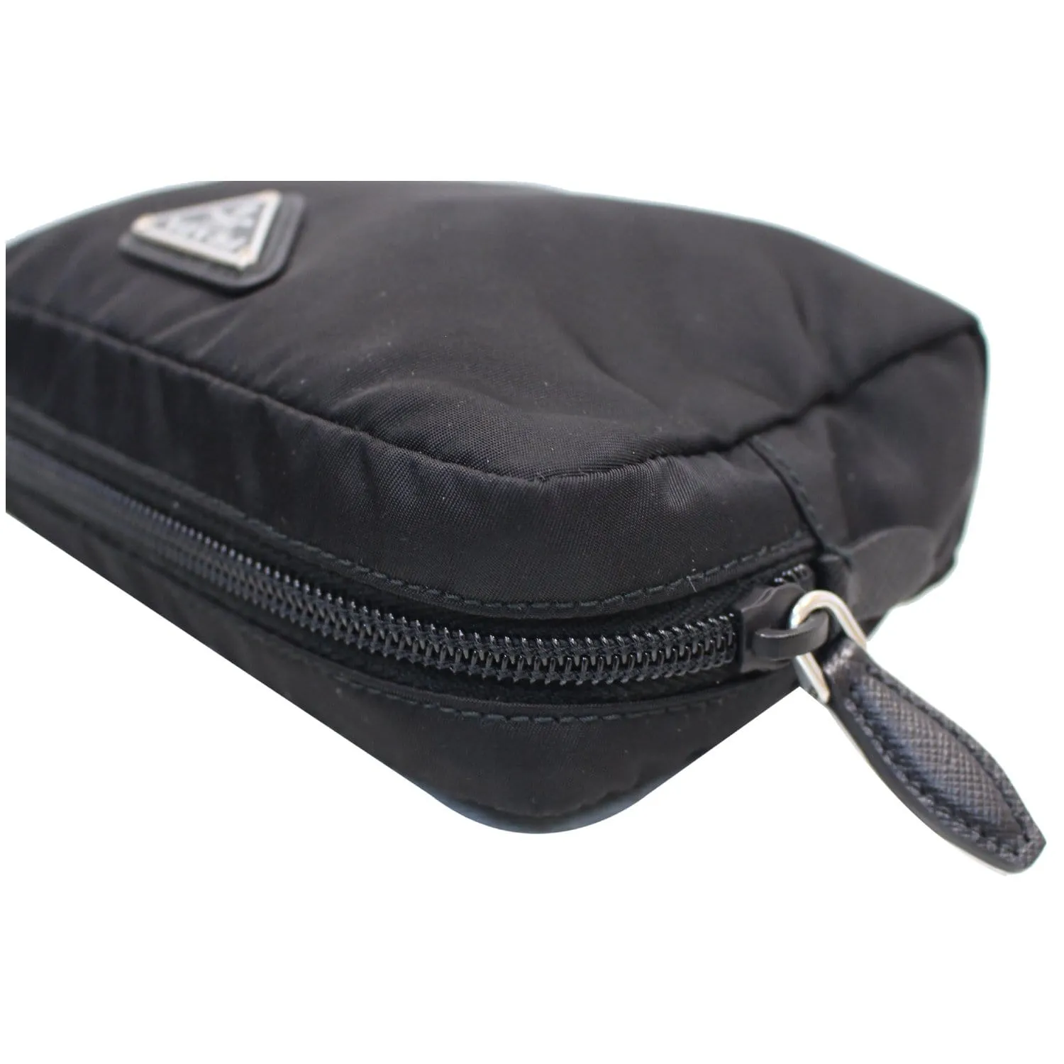 PRADA Logo Round Edge Nylon Cosmetic Wristlet Pouch Black 1NE021