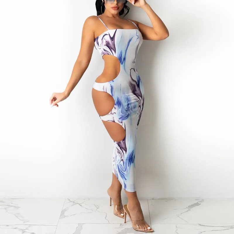 Print Hollow Out Sling Maxi Dress