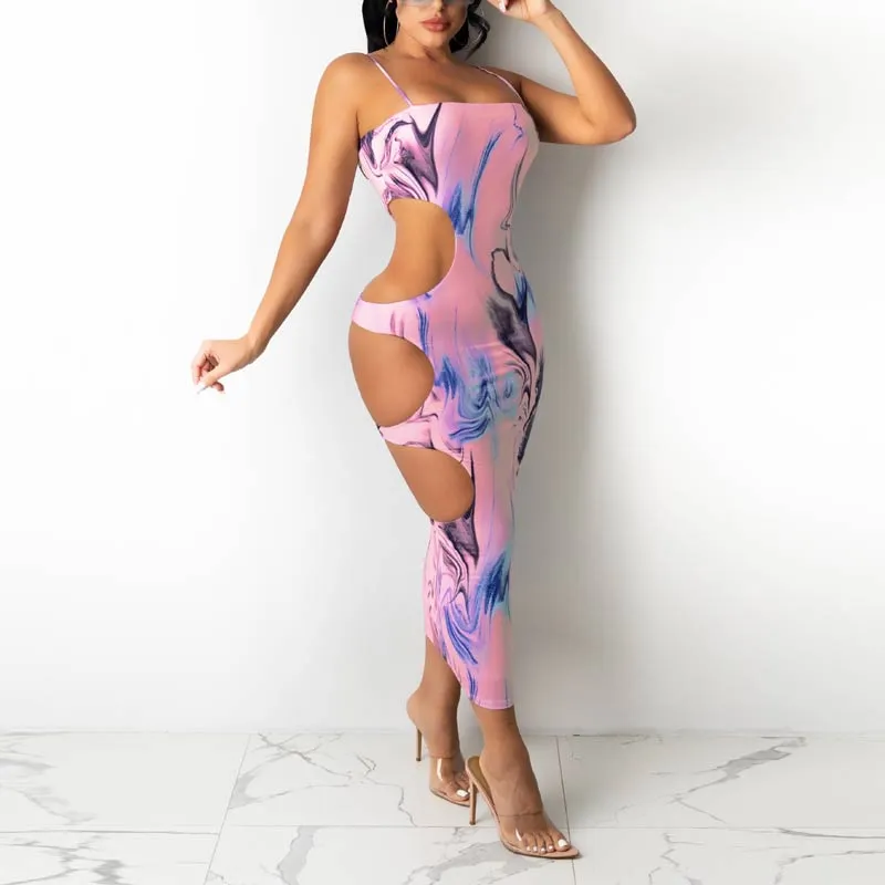 Print Hollow Out Sling Maxi Dress