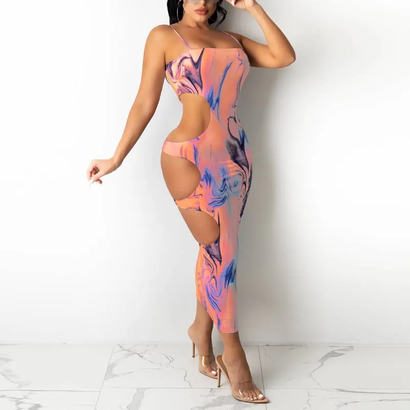 Print Hollow Out Sling Maxi Dress