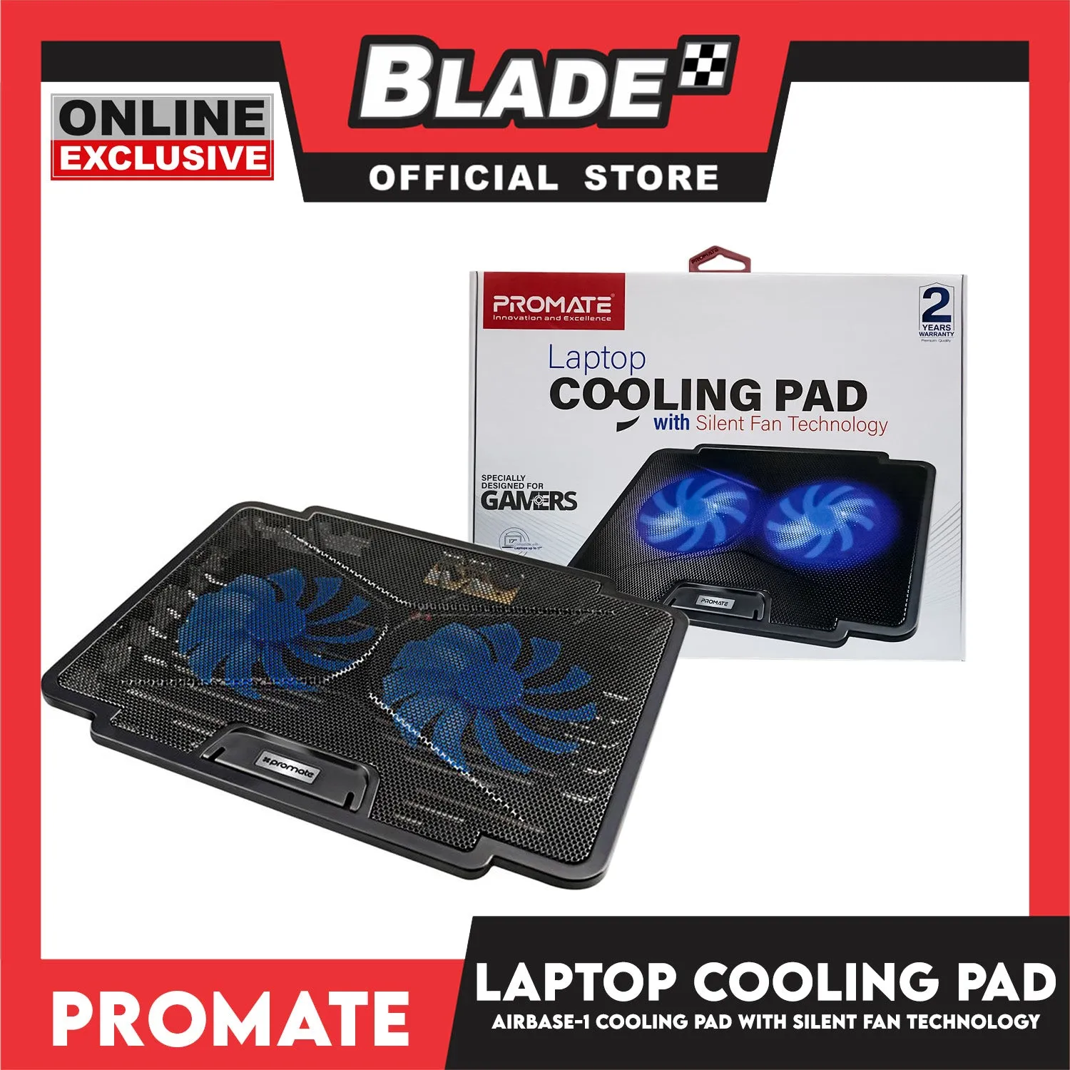 Promate Laptop Cooling Pad with Silent Fan Technology AirBase-1 Specially Design for Gamers