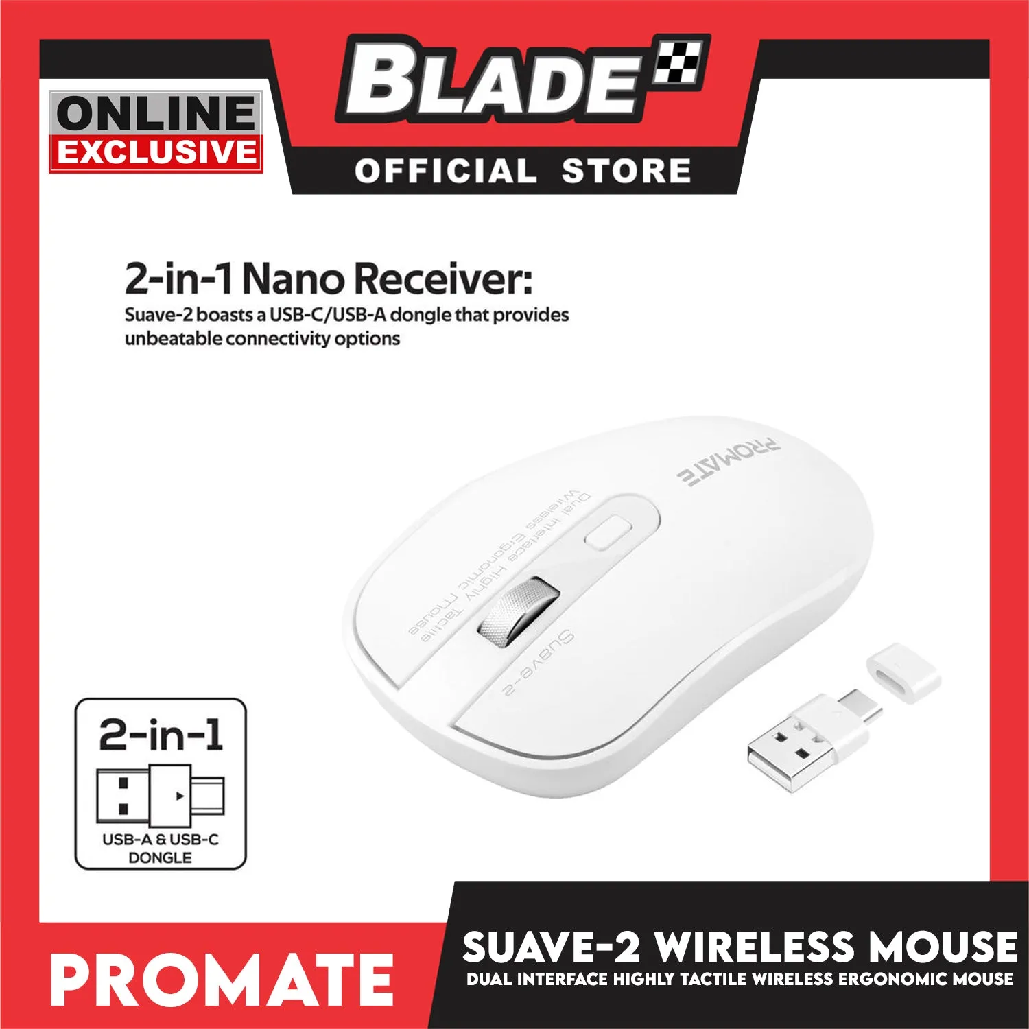 Promate Wireless Ergonomic Mouse Suave-2 (White) Dual Interface Highly Tactile