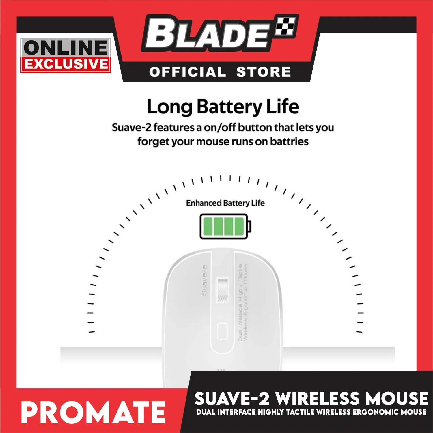 Promate Wireless Ergonomic Mouse Suave-2 (White) Dual Interface Highly Tactile