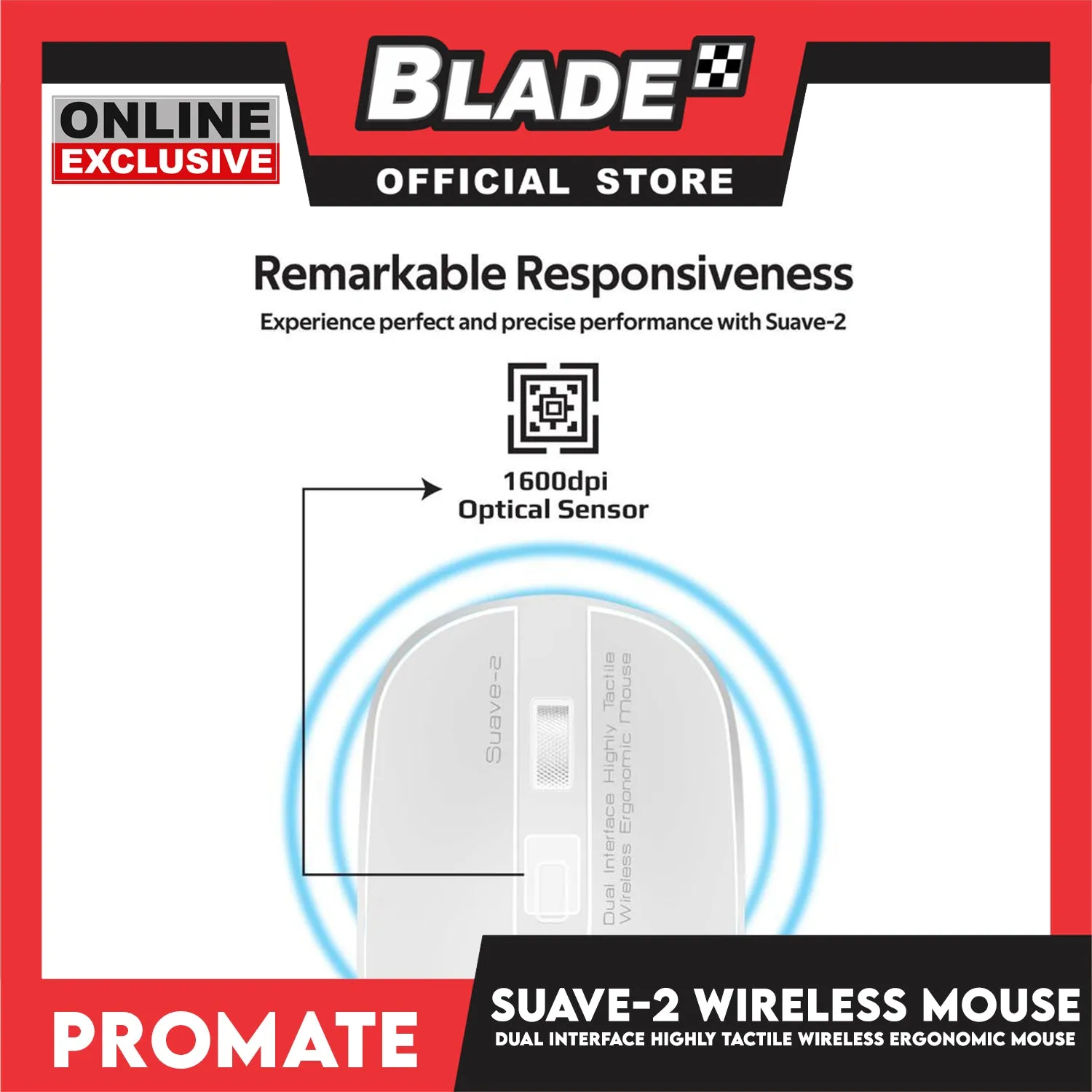 Promate Wireless Ergonomic Mouse Suave-2 (White) Dual Interface Highly Tactile