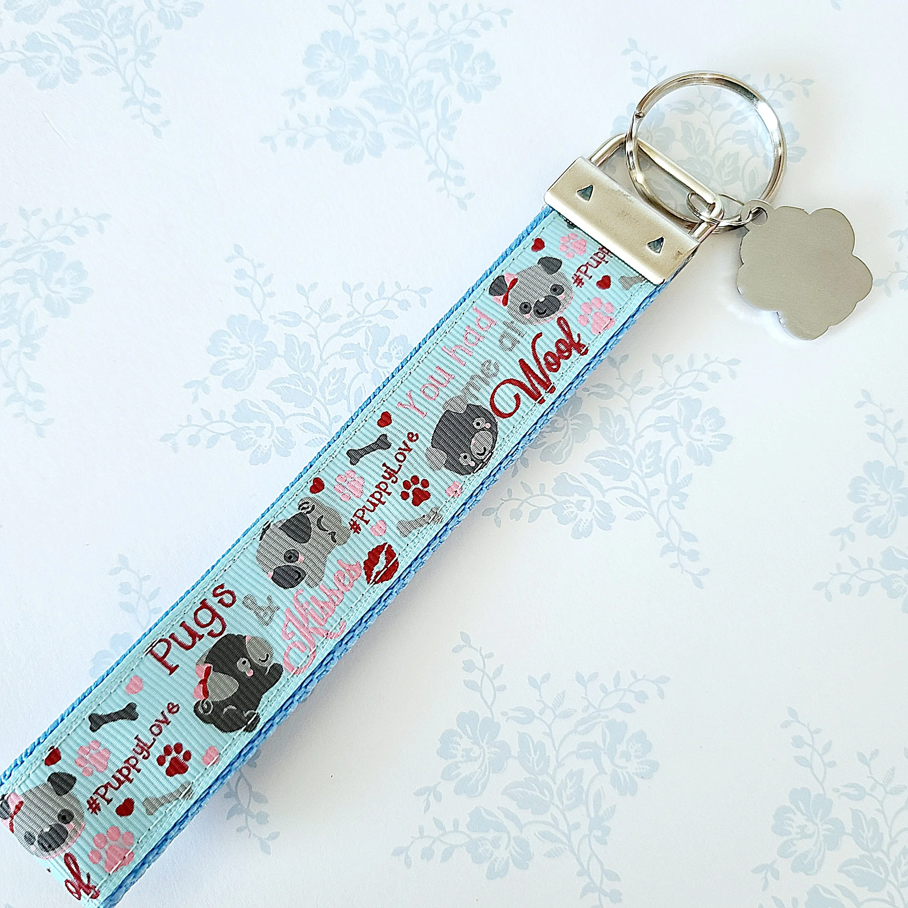 Pugs in Love Key Chain Fob with Enameled Paw Charm