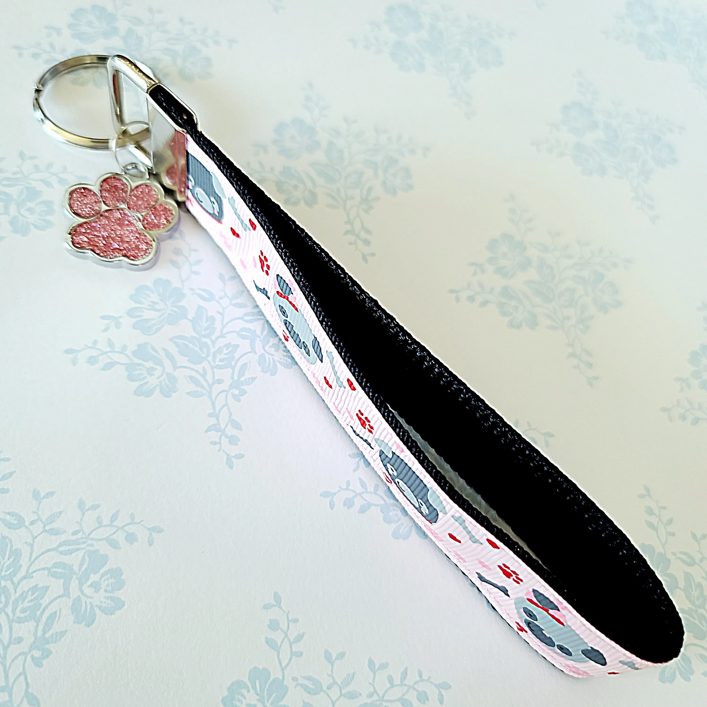 Pugs in Love Key Chain Fob with Enameled Paw Charm