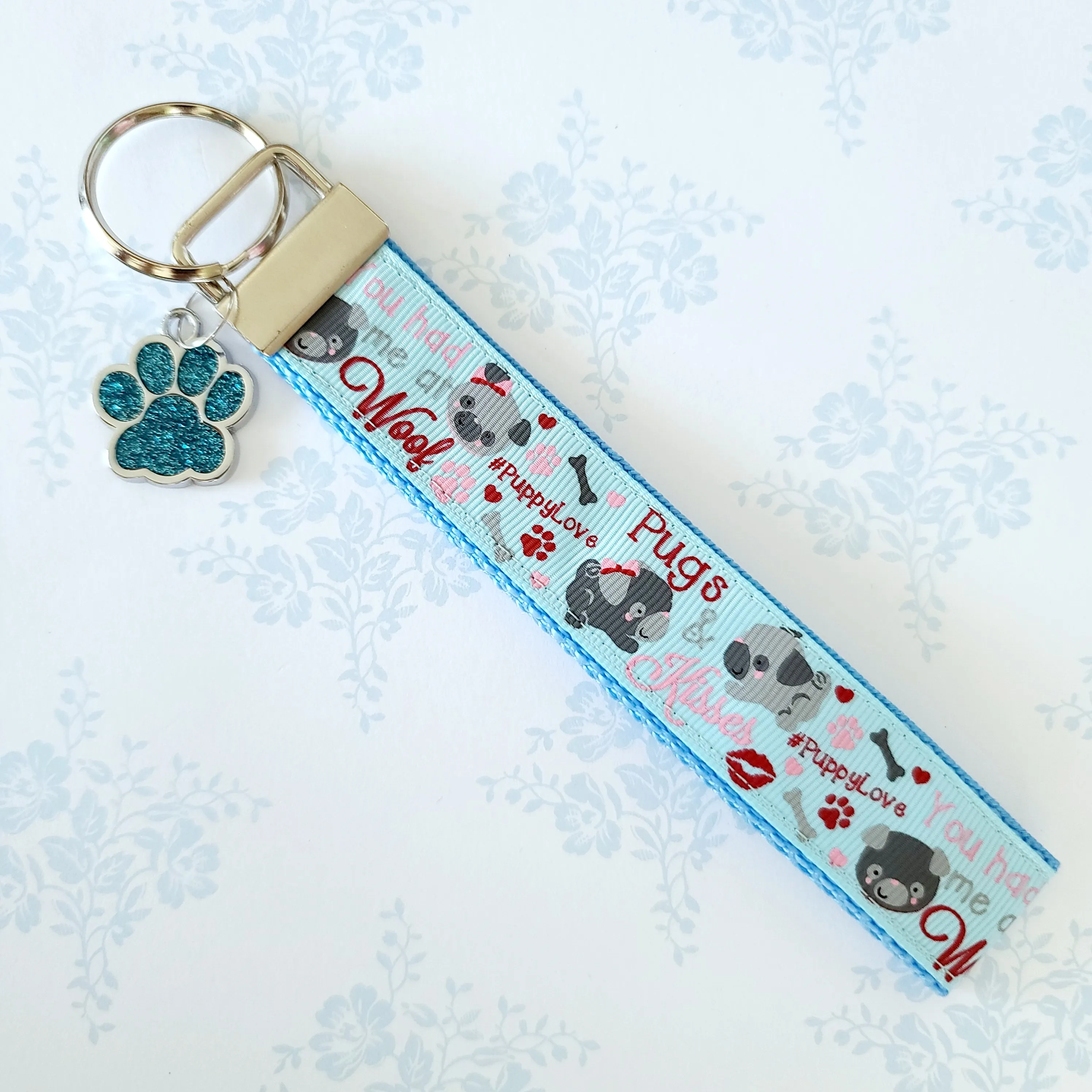 Pugs in Love Key Chain Fob with Enameled Paw Charm