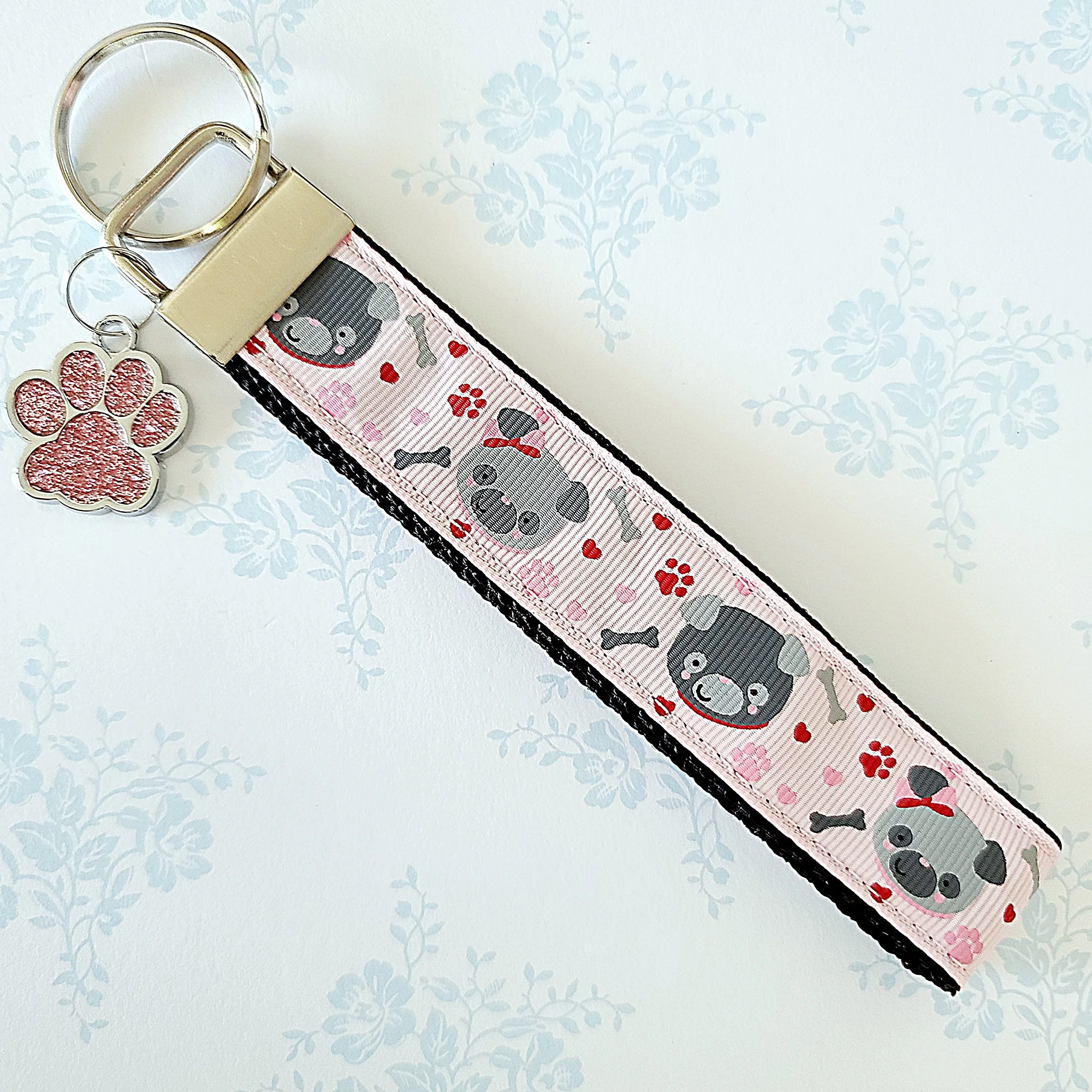 Pugs in Love Key Chain Fob with Enameled Paw Charm