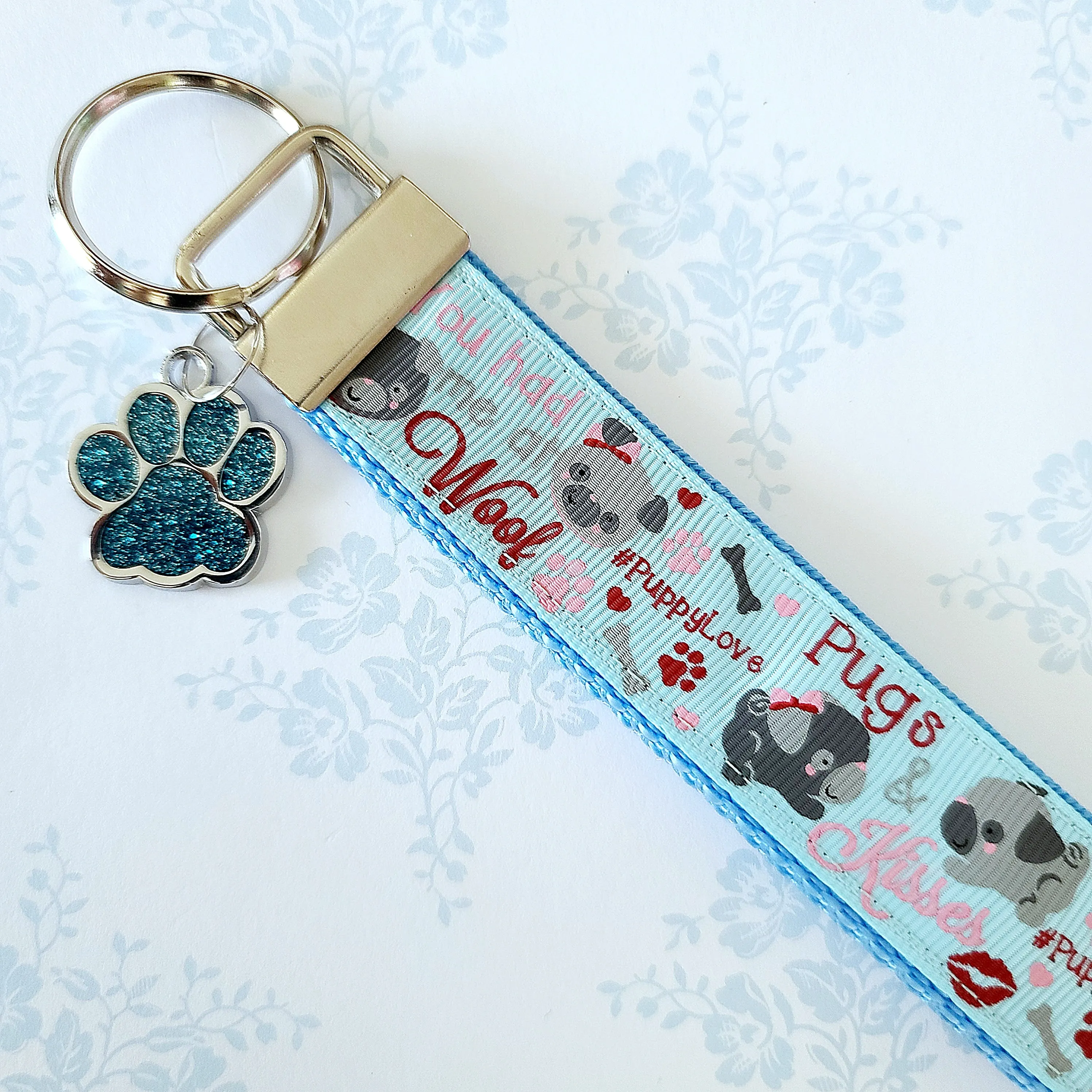 Pugs in Love Key Chain Fob with Enameled Paw Charm