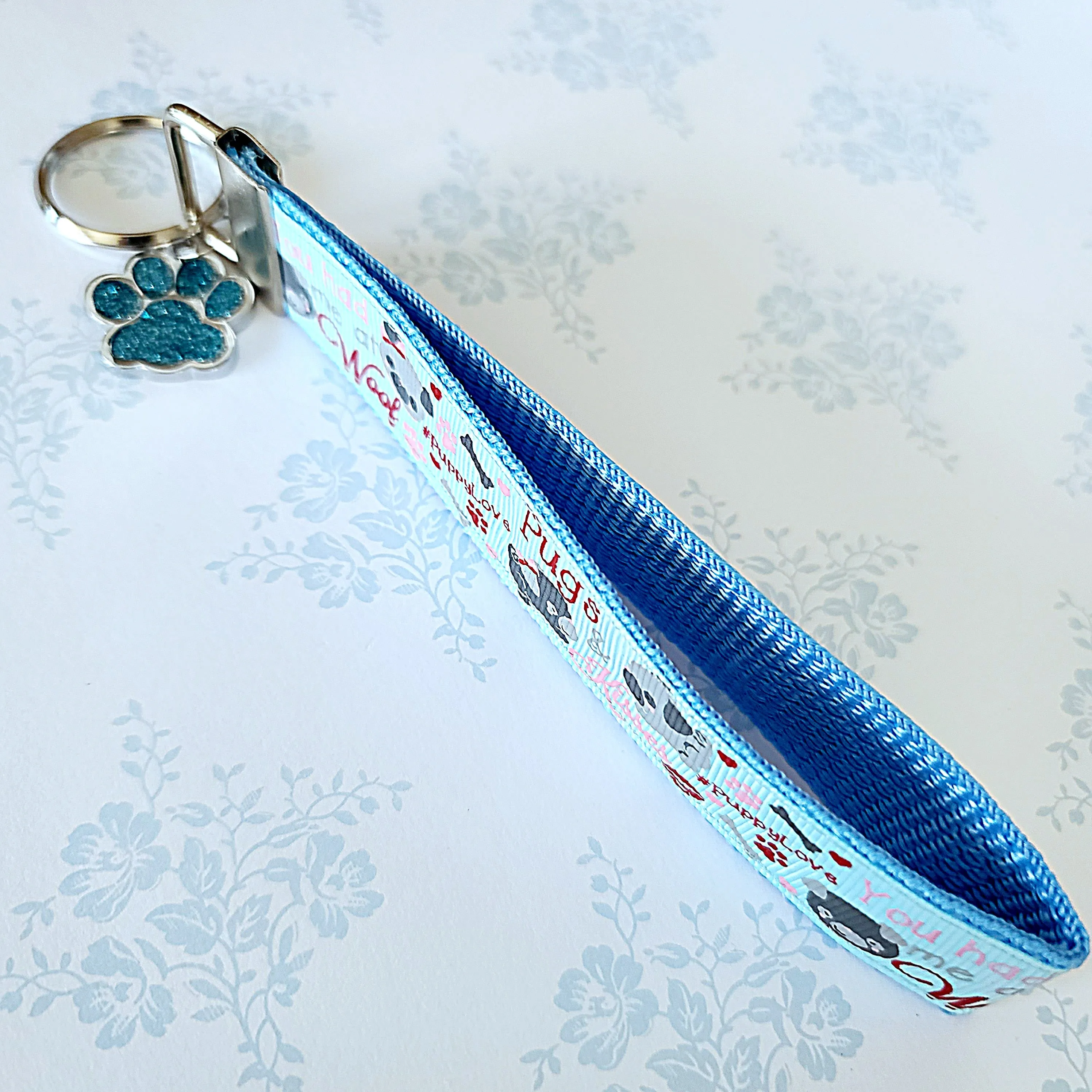 Pugs in Love Key Chain Fob with Enameled Paw Charm