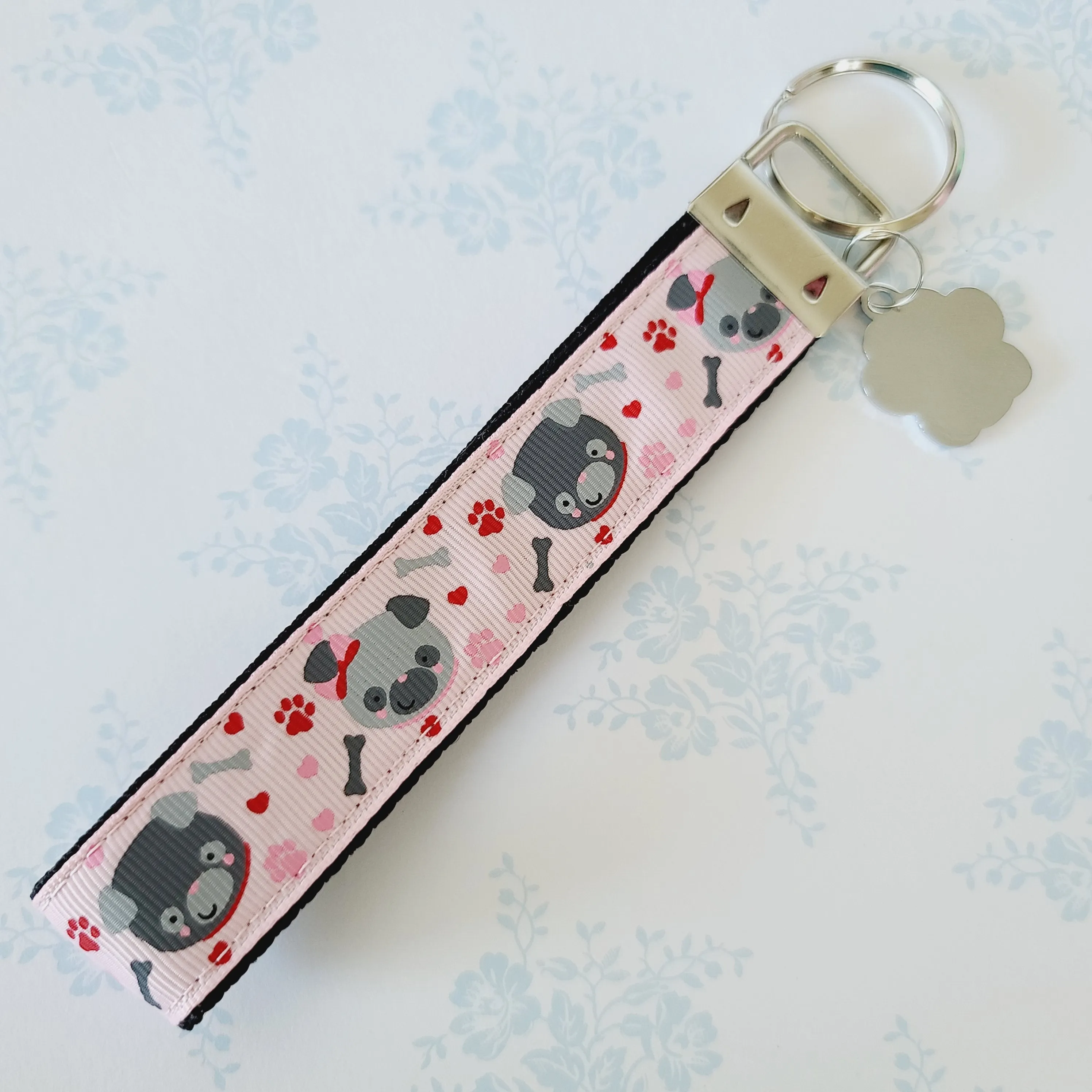 Pugs in Love Key Chain Fob with Enameled Paw Charm