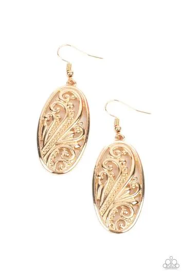 " High Tide Terrace " Gold Metal With Scroll Work Dangle Earrings