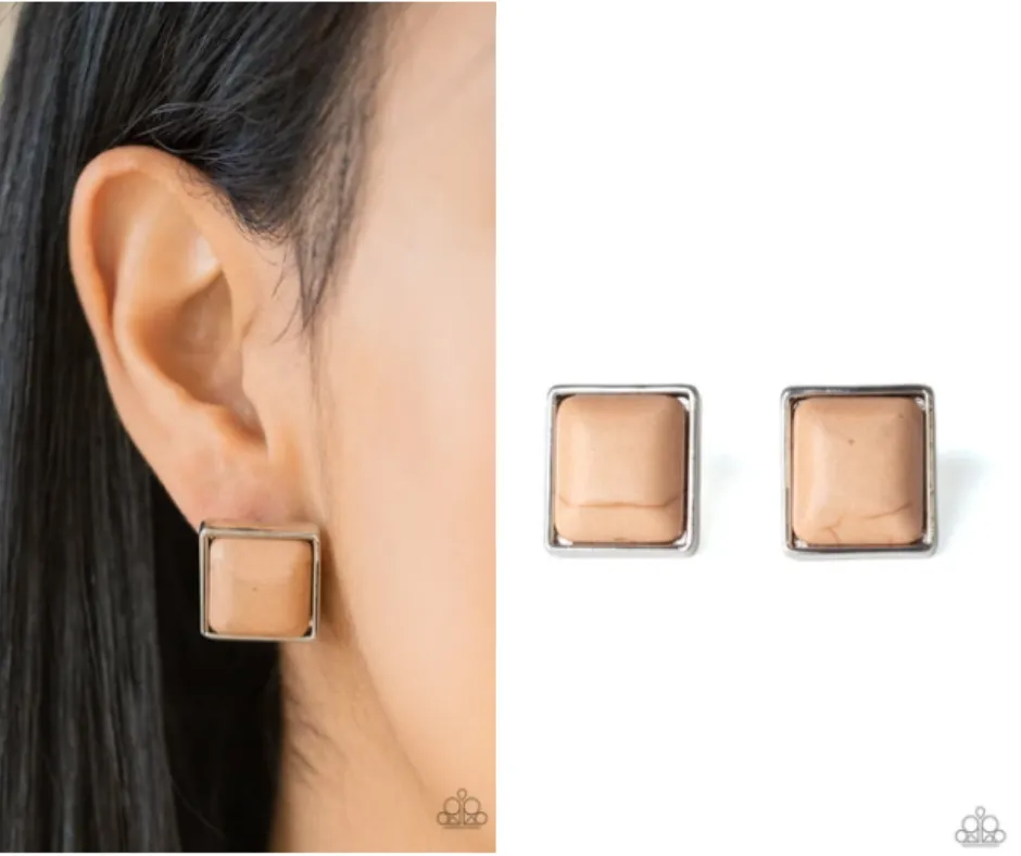 "Eco Elegance" Silver Square Brown Crackle Stone Post Earrings
