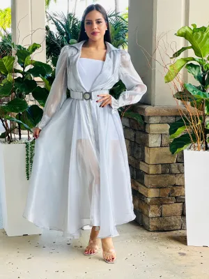 "Katie" Sheer Mesh Long Sleeve Coat Dress With Belt
