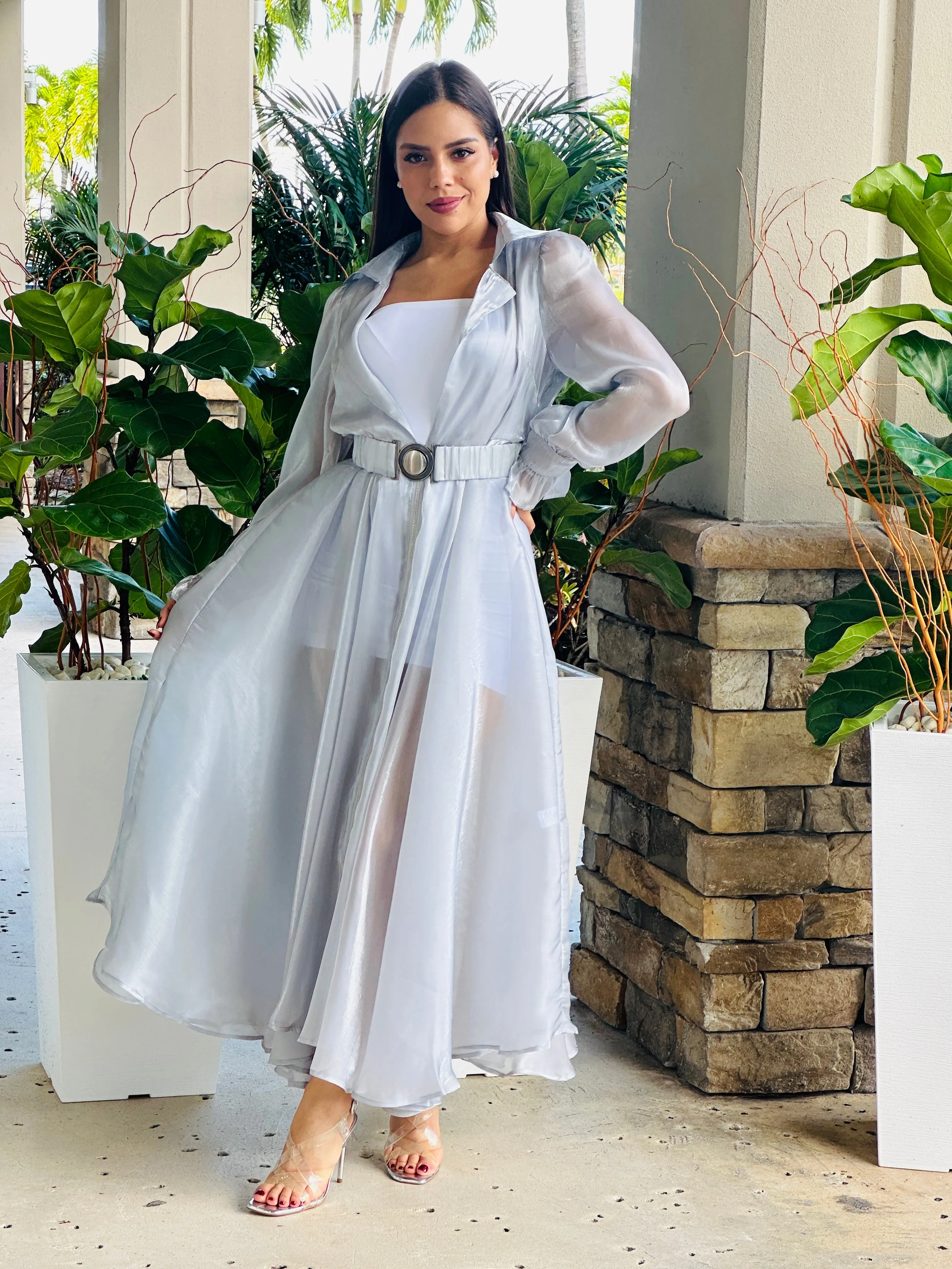 "Katie" Sheer Mesh Long Sleeve Coat Dress With Belt