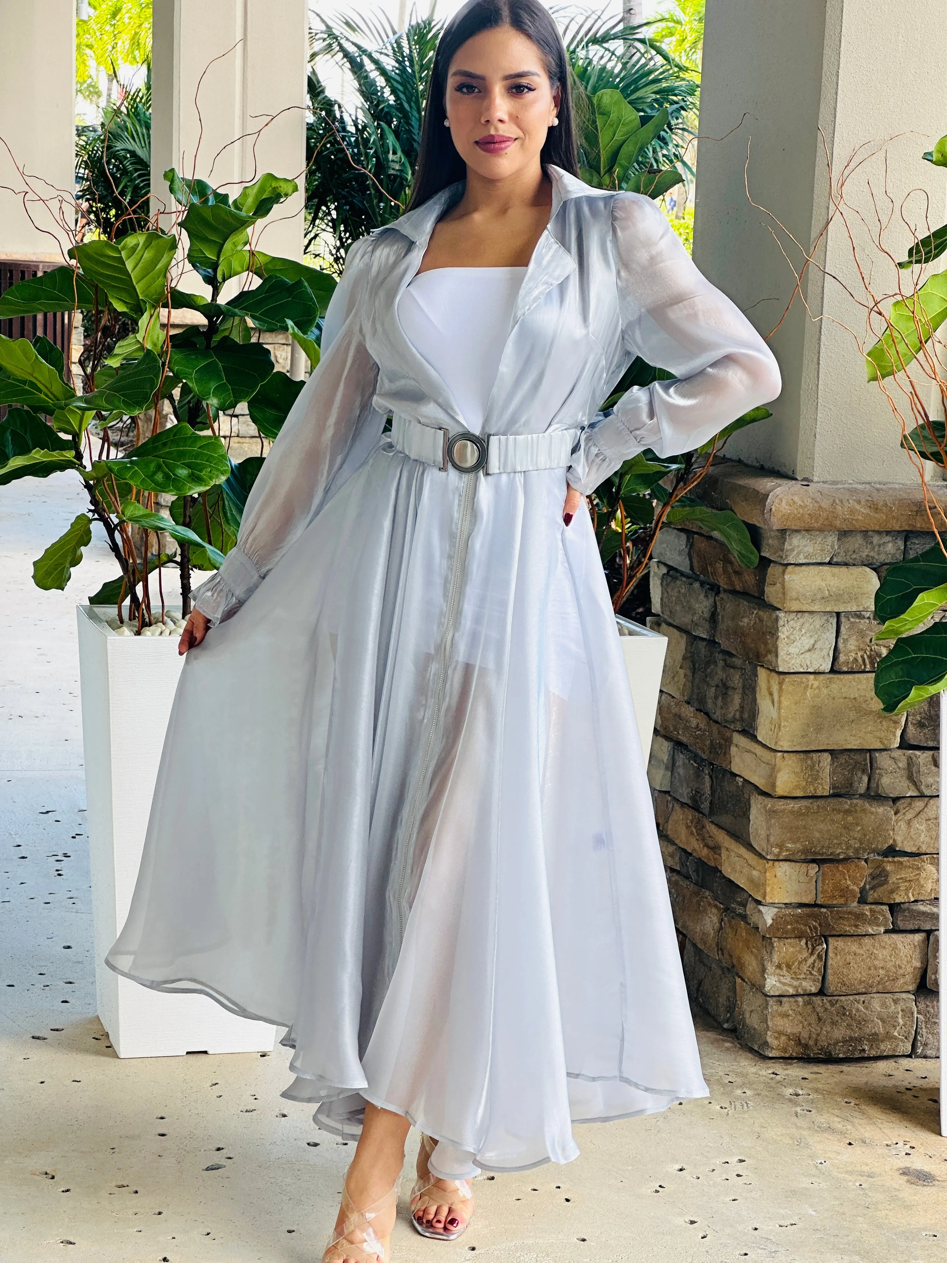 "Katie" Sheer Mesh Long Sleeve Coat Dress With Belt