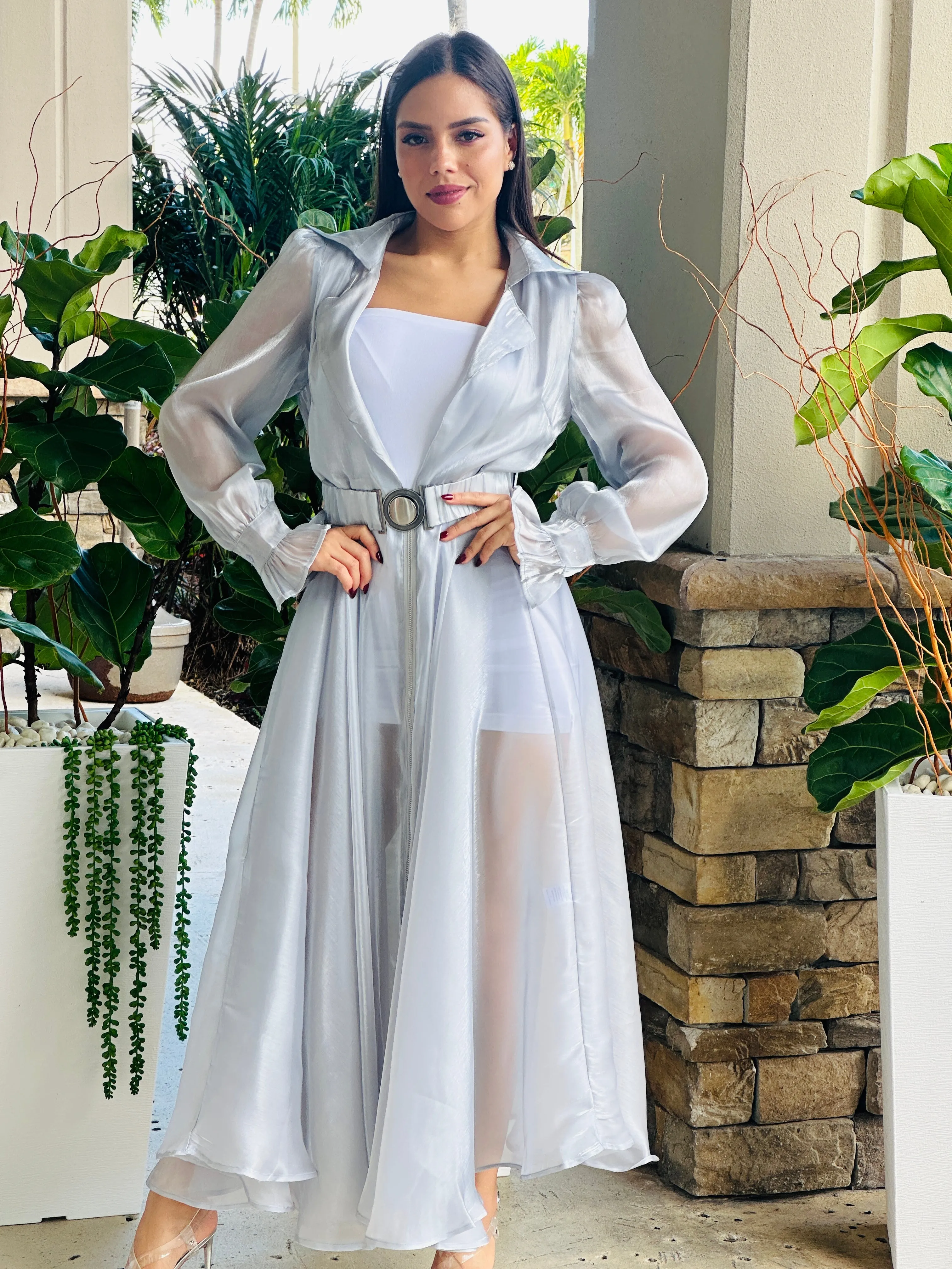 "Katie" Sheer Mesh Long Sleeve Coat Dress With Belt