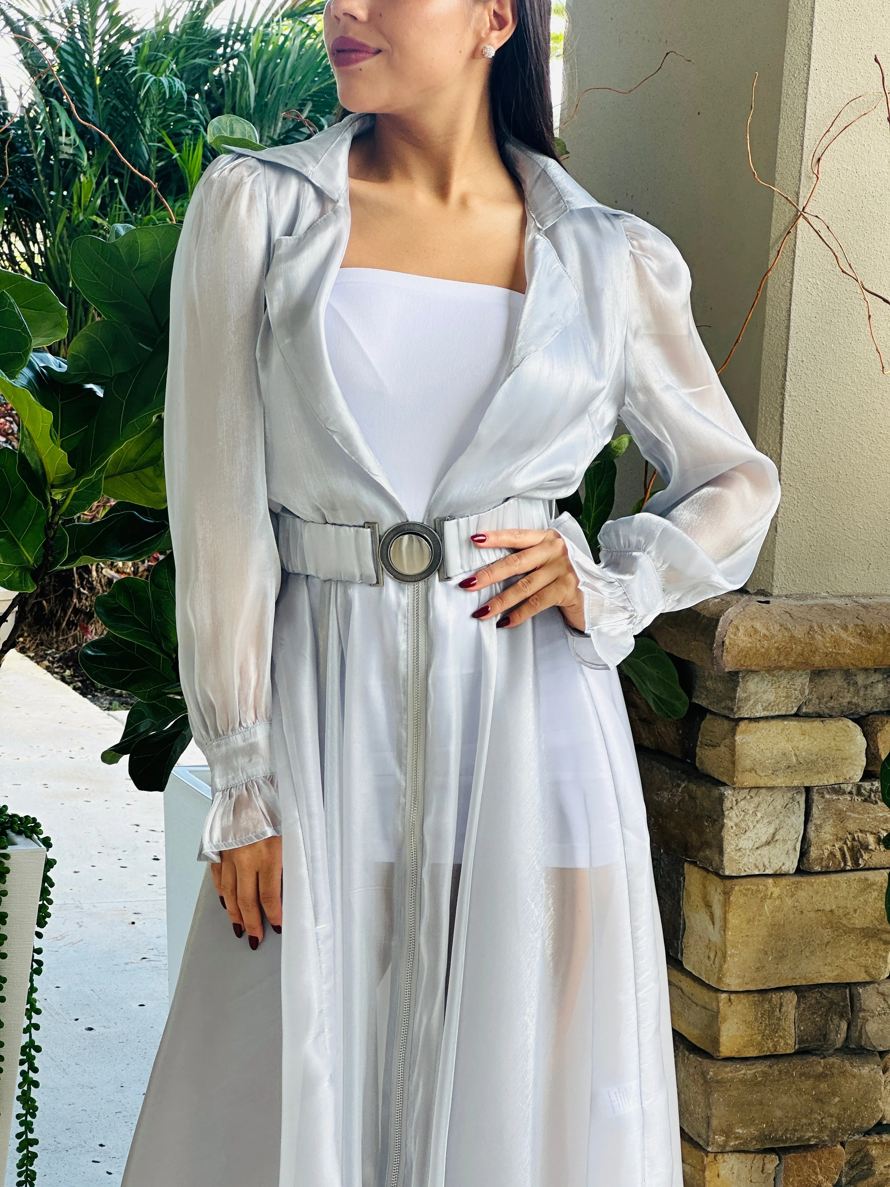 "Katie" Sheer Mesh Long Sleeve Coat Dress With Belt