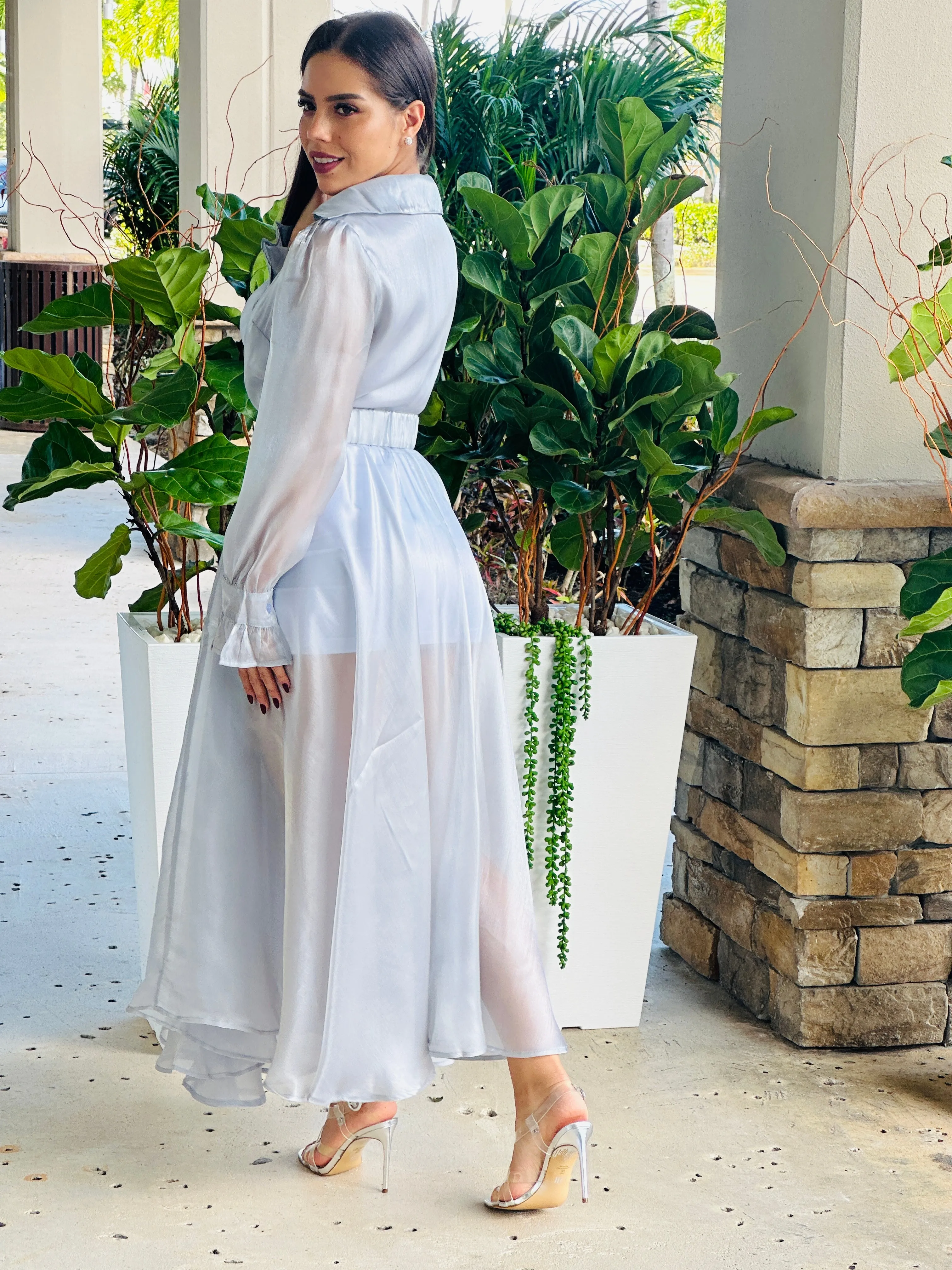 "Katie" Sheer Mesh Long Sleeve Coat Dress With Belt