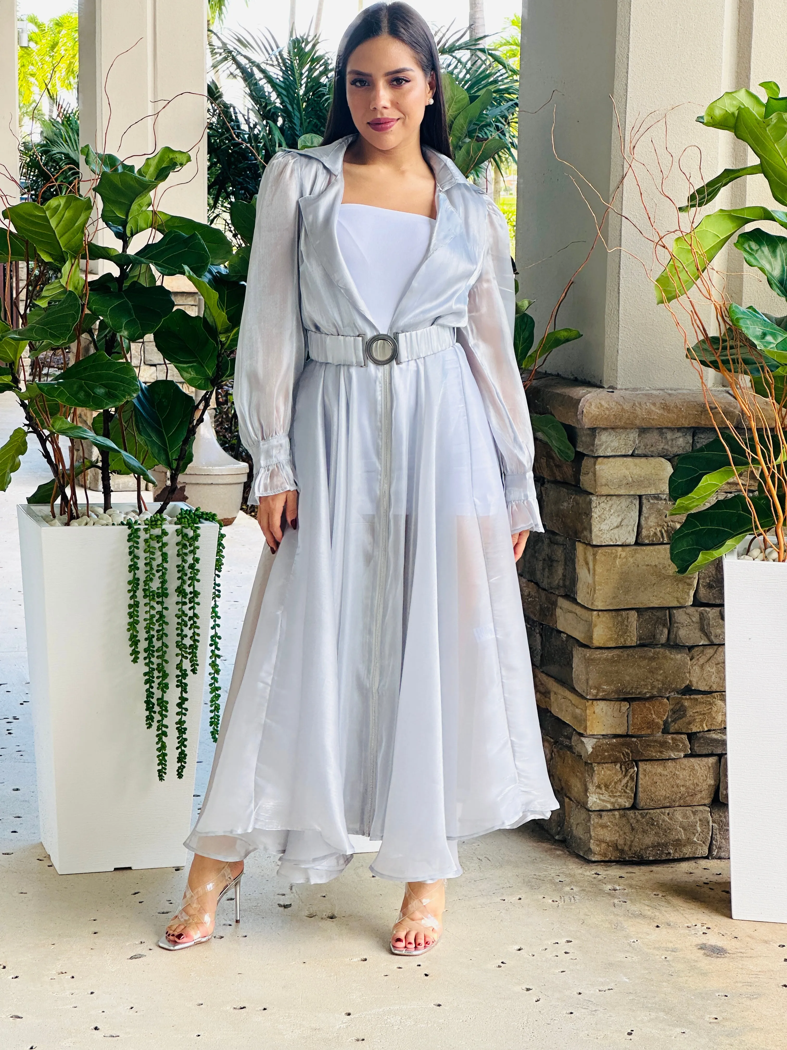 "Katie" Sheer Mesh Long Sleeve Coat Dress With Belt