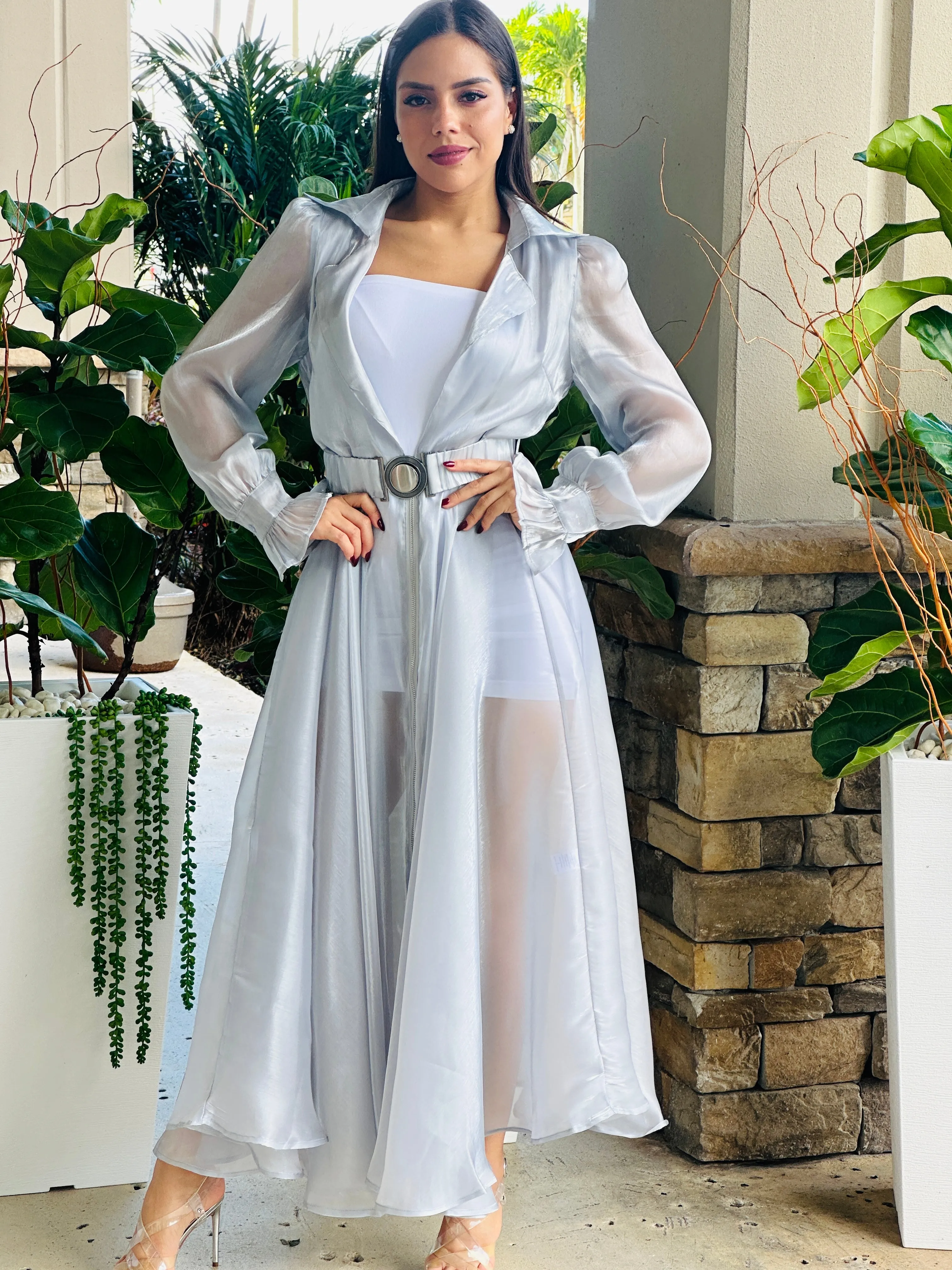 "Katie" Sheer Mesh Long Sleeve Coat Dress With Belt
