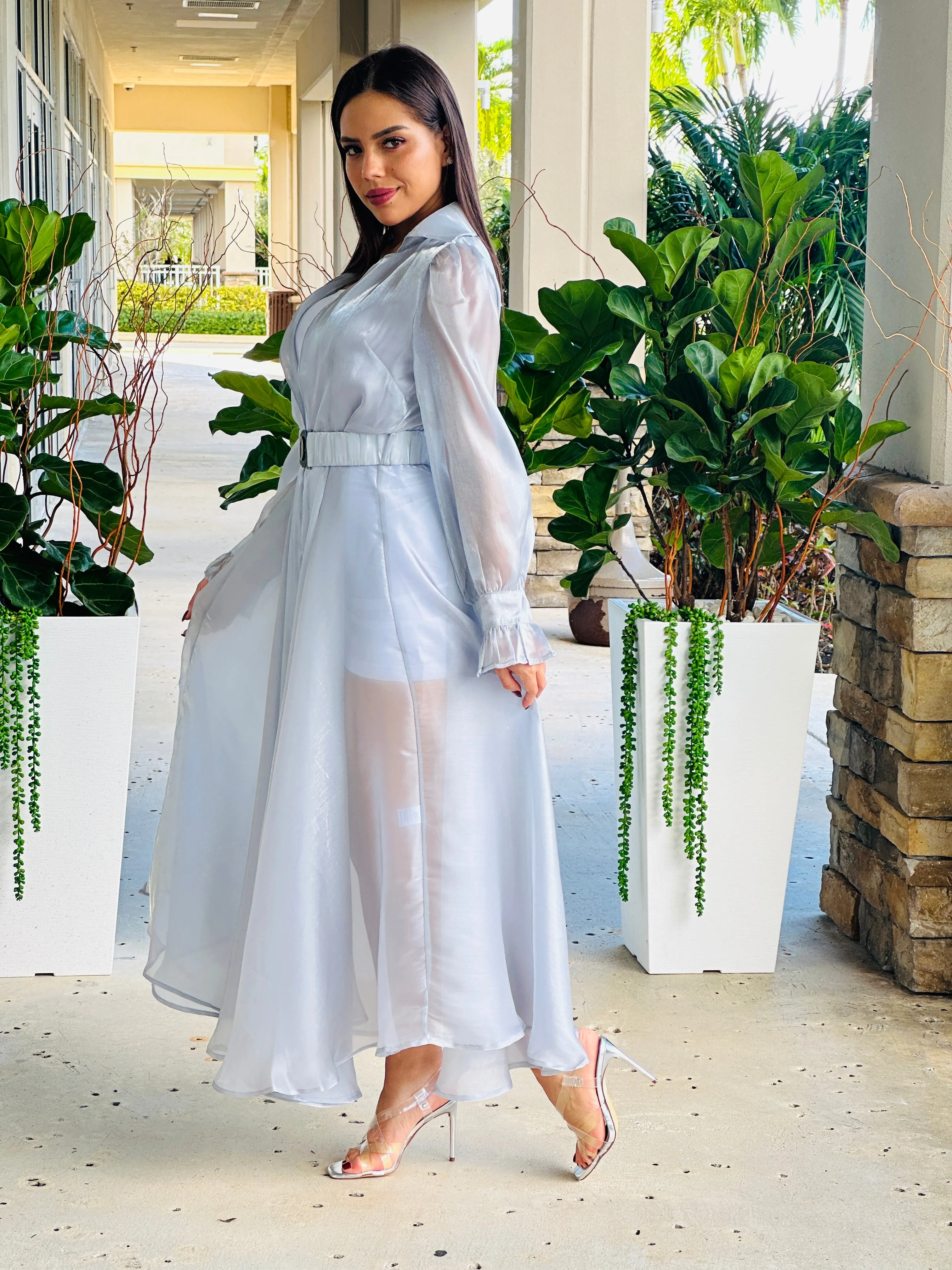 "Katie" Sheer Mesh Long Sleeve Coat Dress With Belt