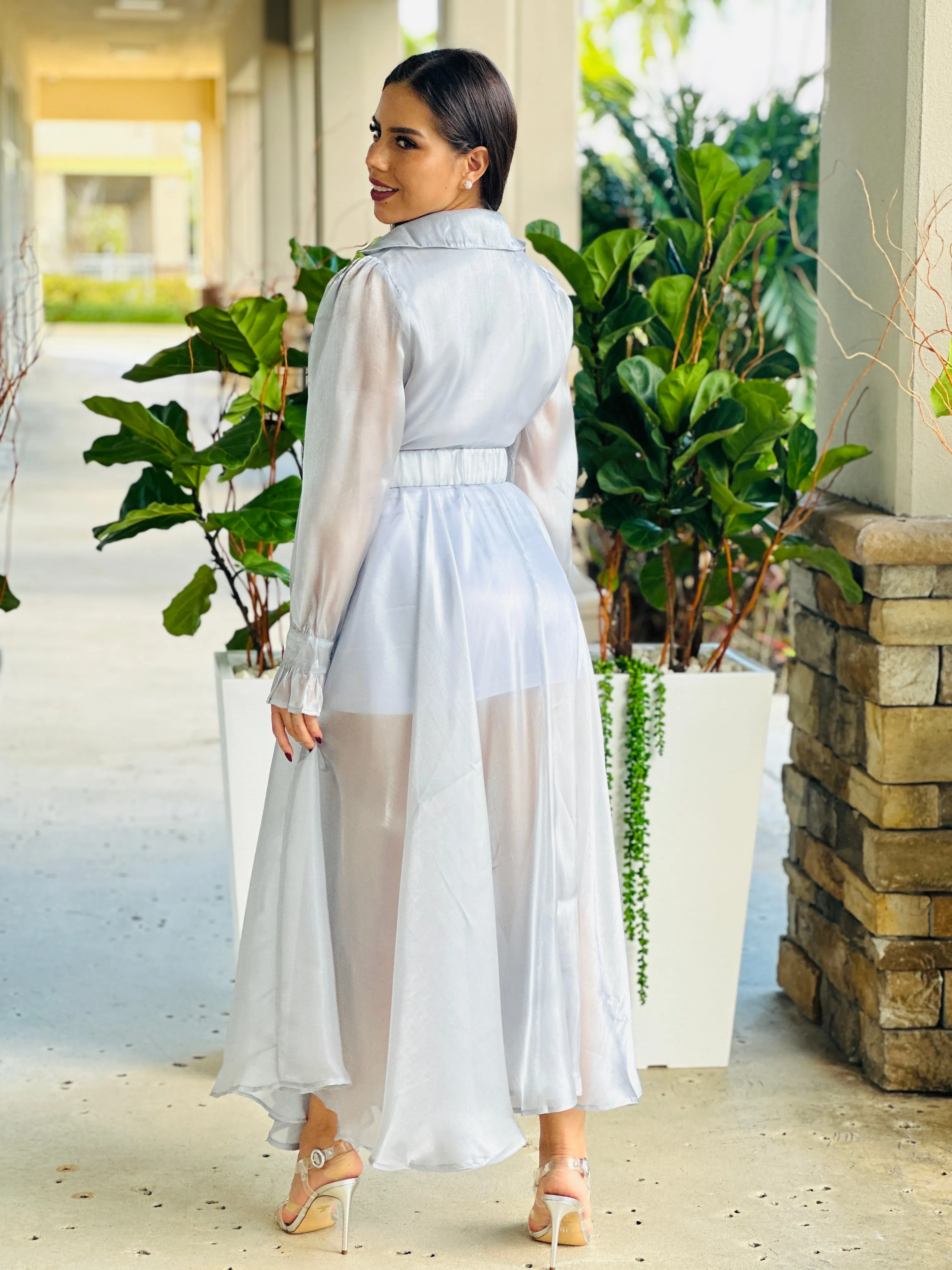 "Katie" Sheer Mesh Long Sleeve Coat Dress With Belt