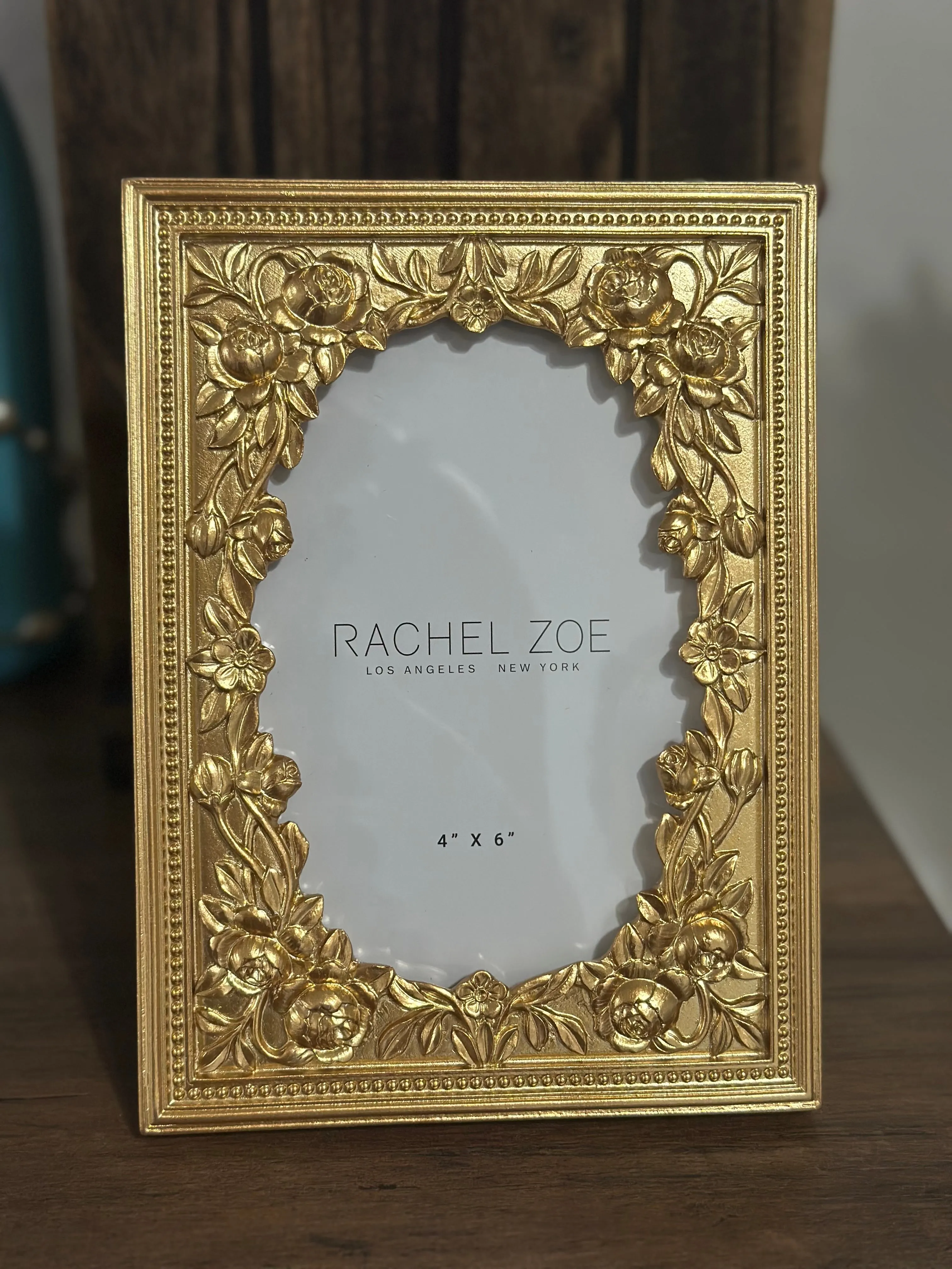 Rachel Zoe Picture Frame Yellow Gold Tone Floral Carved Plate Vintage Style Hollywood Regency Inspired