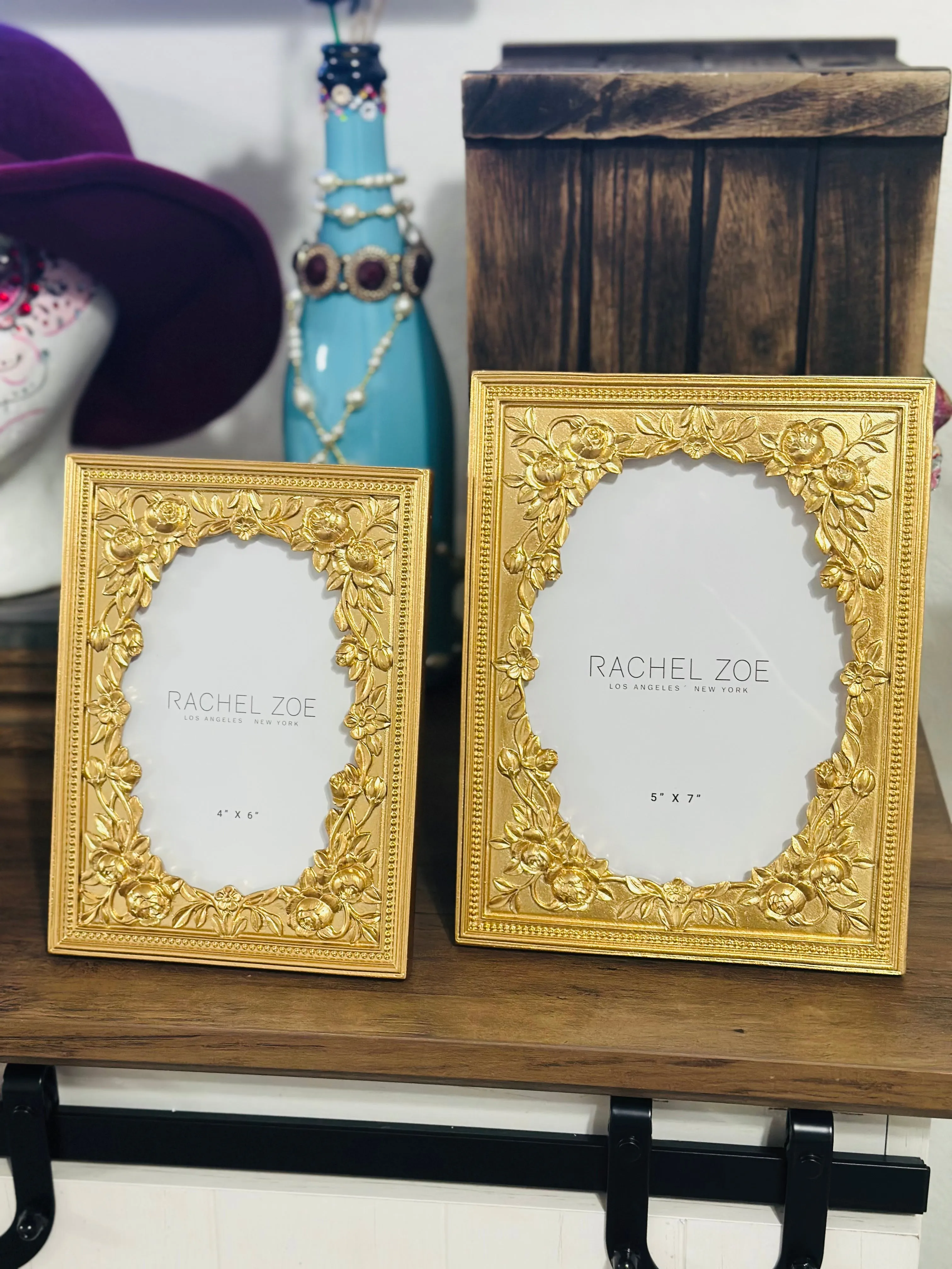 Rachel Zoe Picture Frame Yellow Gold Tone Floral Carved Plate Vintage Style Hollywood Regency Inspired