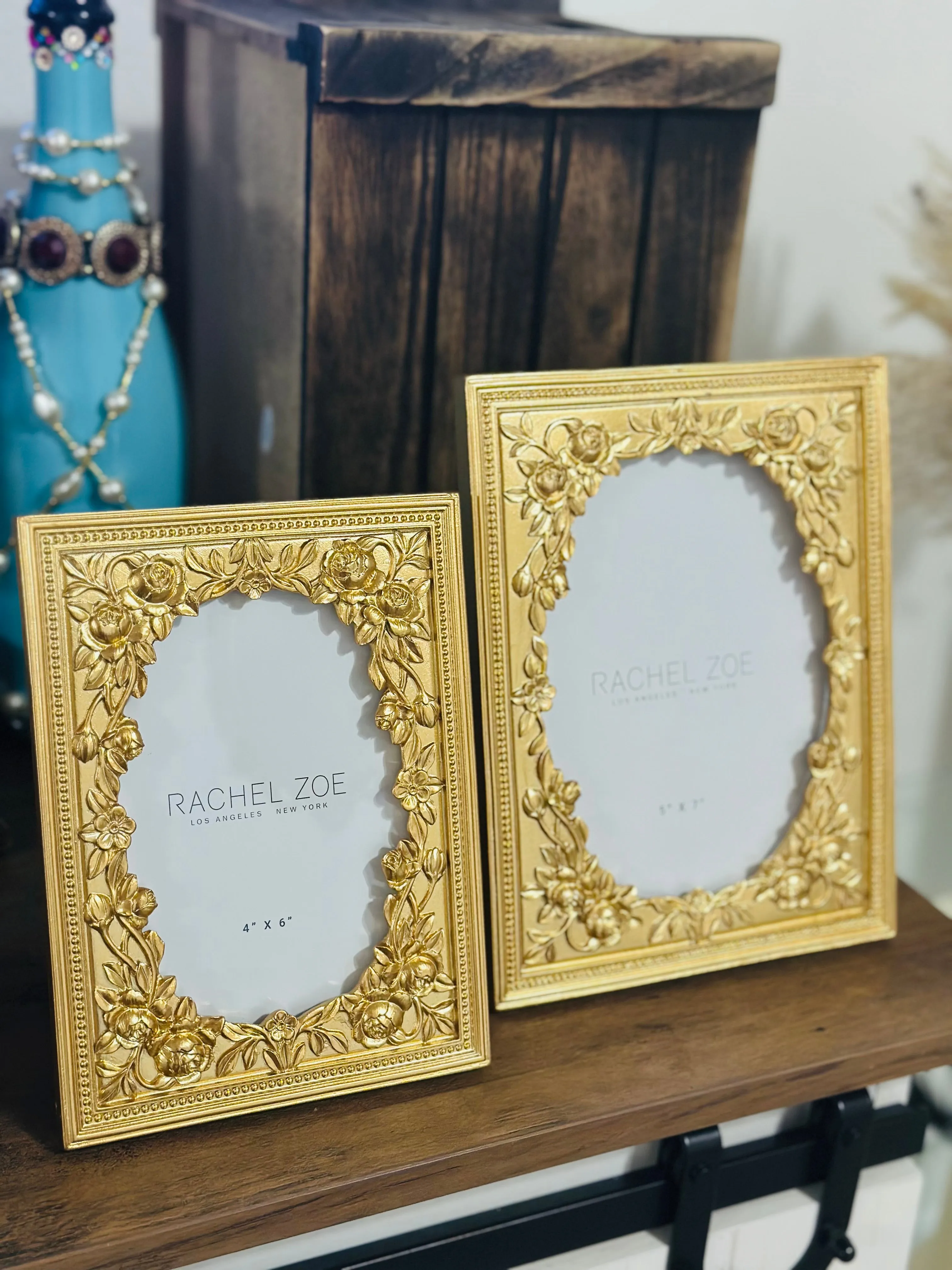 Rachel Zoe Picture Frame Yellow Gold Tone Floral Carved Plate Vintage Style Hollywood Regency Inspired