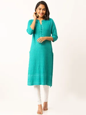 Rama Green Rayon Band Collar 3/4th Sleeves Chikankari Embroidery Ethnic Wear Kurta For Women