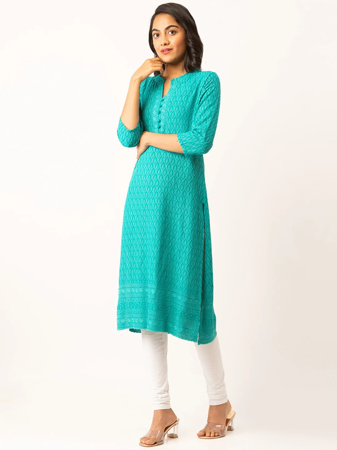 Rama Green Rayon Band Collar 3/4th Sleeves Chikankari Embroidery Ethnic Wear Kurta For Women