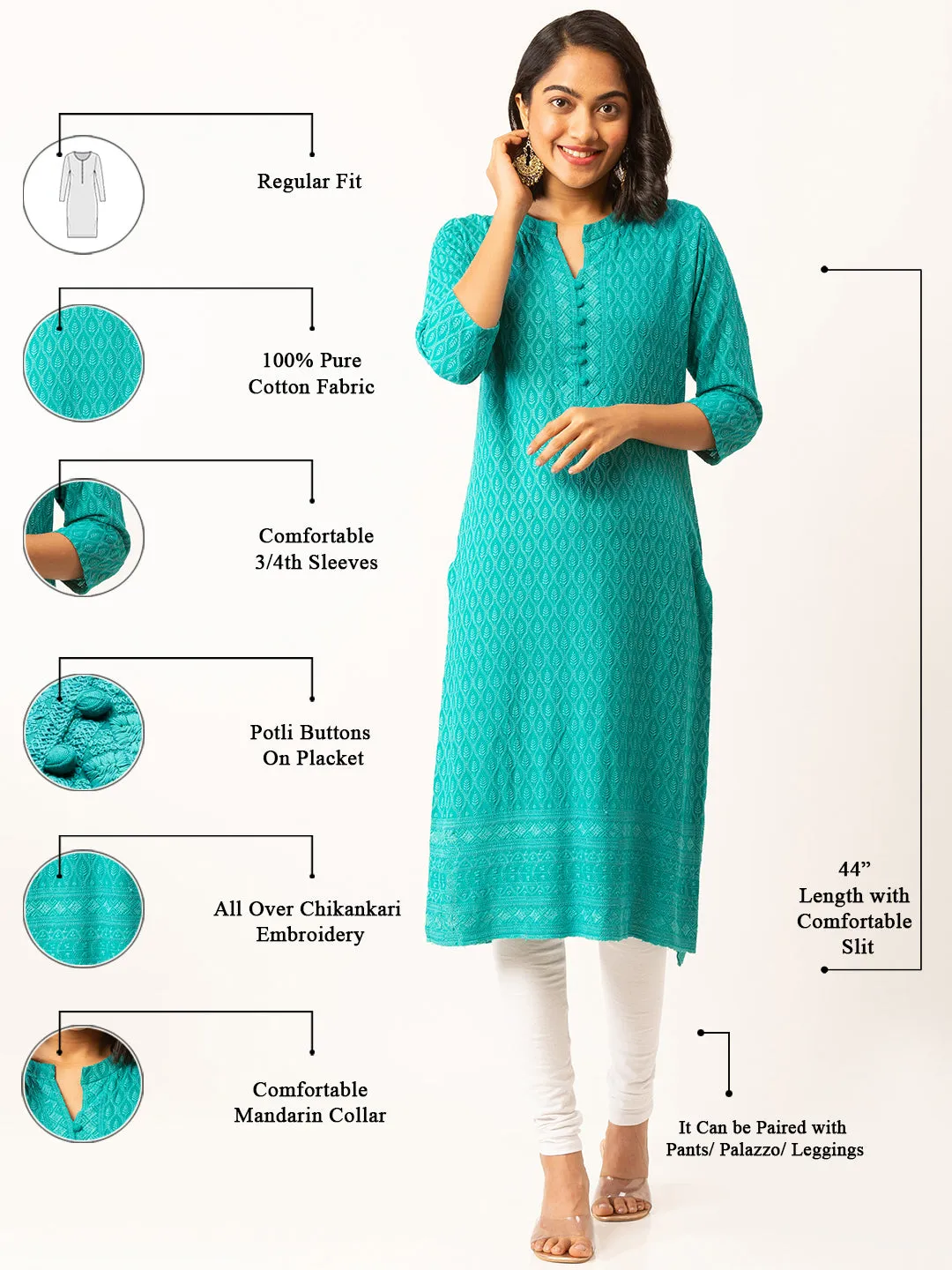 Rama Green Rayon Band Collar 3/4th Sleeves Chikankari Embroidery Ethnic Wear Kurta For Women