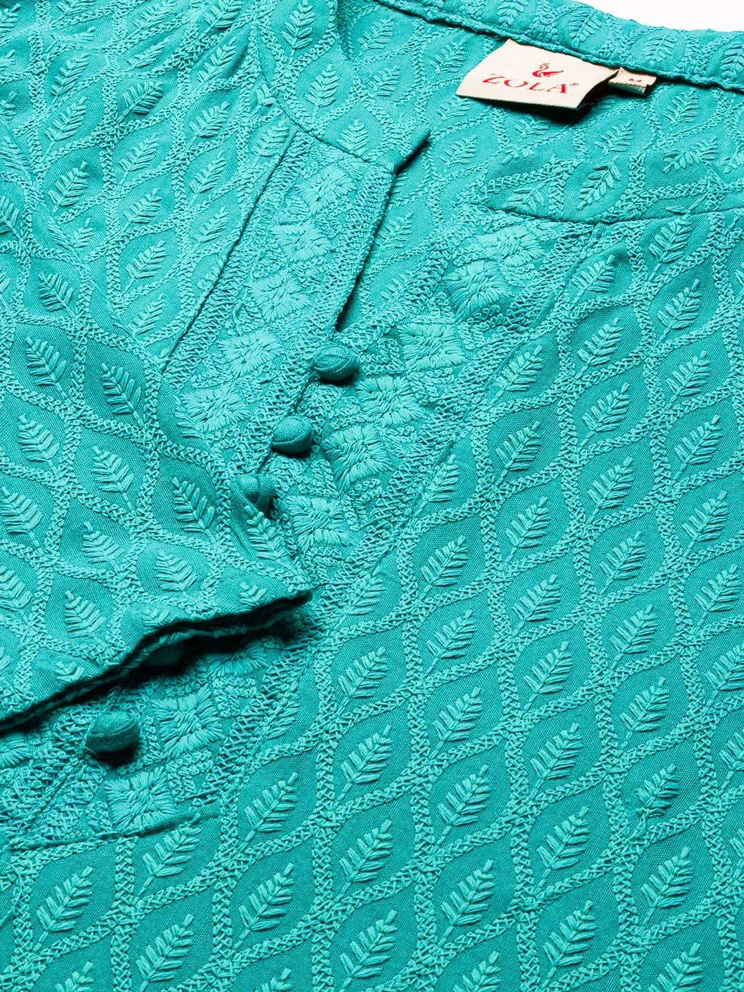 Rama Green Rayon Band Collar 3/4th Sleeves Chikankari Embroidery Ethnic Wear Kurta For Women