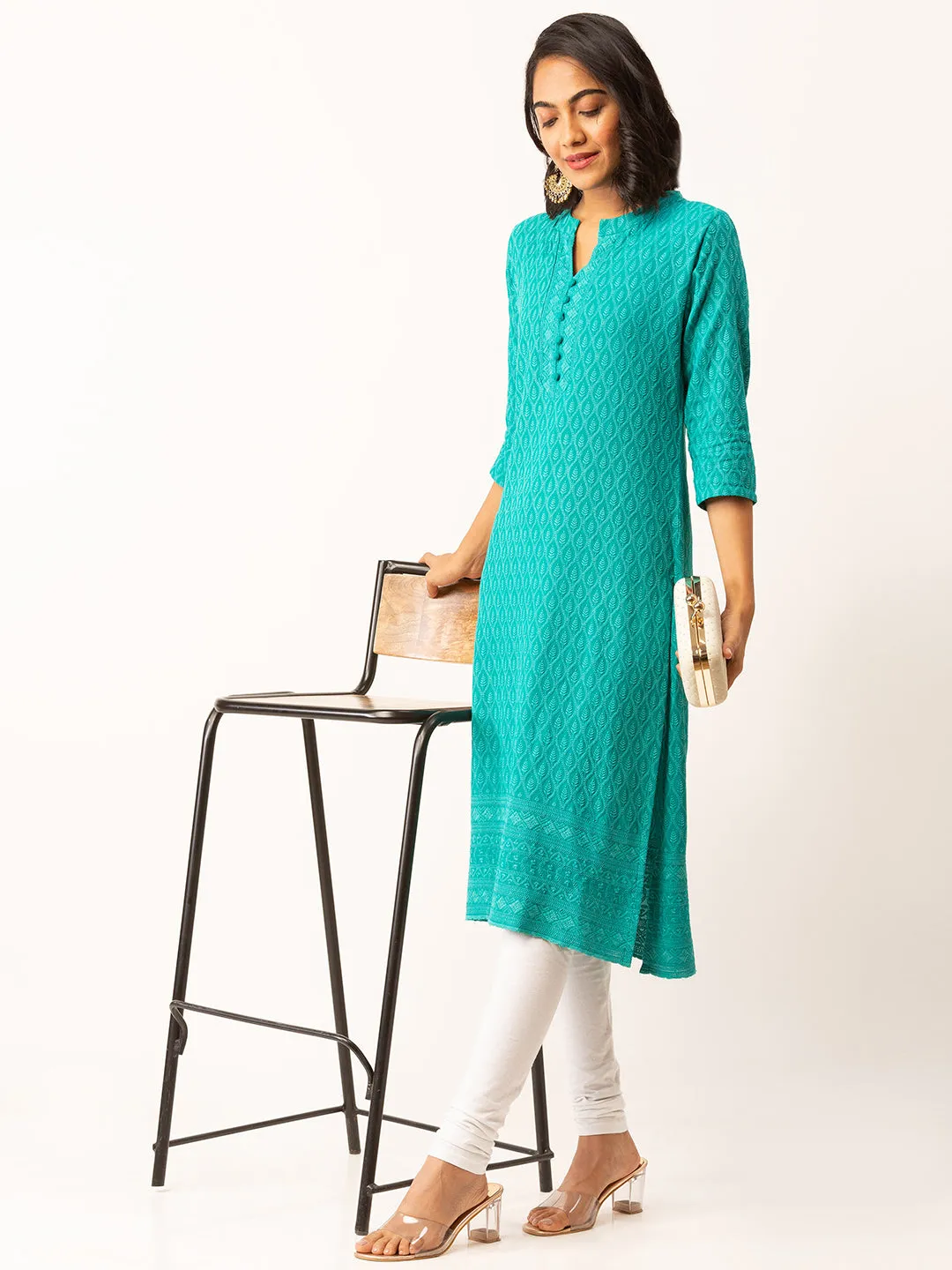 Rama Green Rayon Band Collar 3/4th Sleeves Chikankari Embroidery Ethnic Wear Kurta For Women