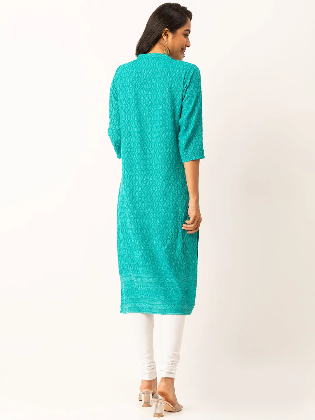 Rama Green Rayon Band Collar 3/4th Sleeves Chikankari Embroidery Ethnic Wear Kurta For Women