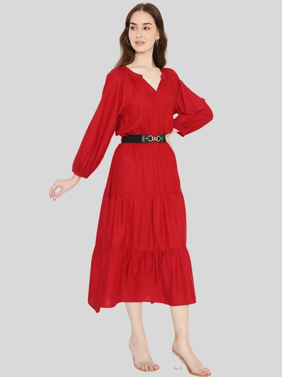 Red Tiered Midi Dress with Elastic Waist Belt