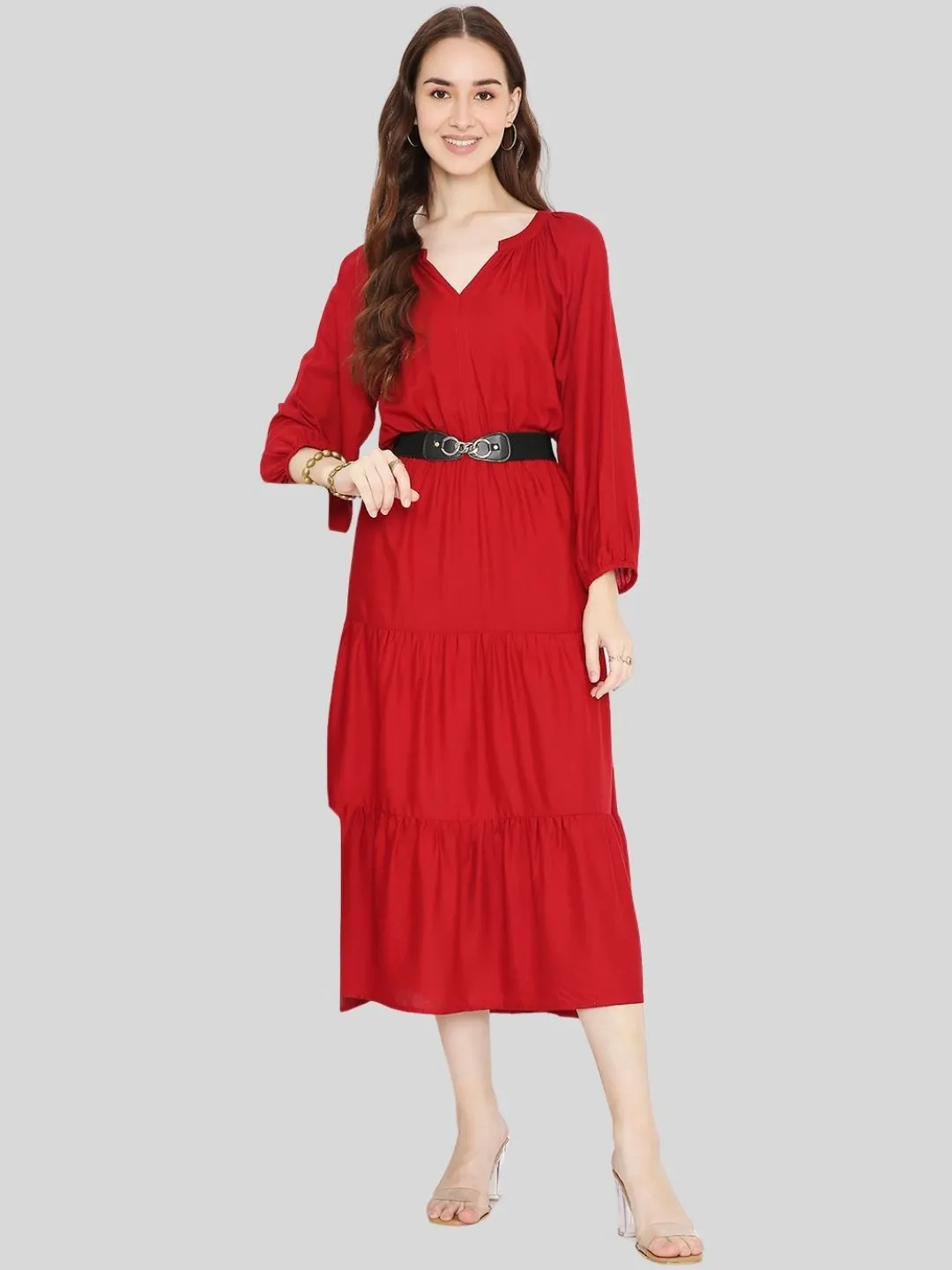 Red Tiered Midi Dress with Elastic Waist Belt