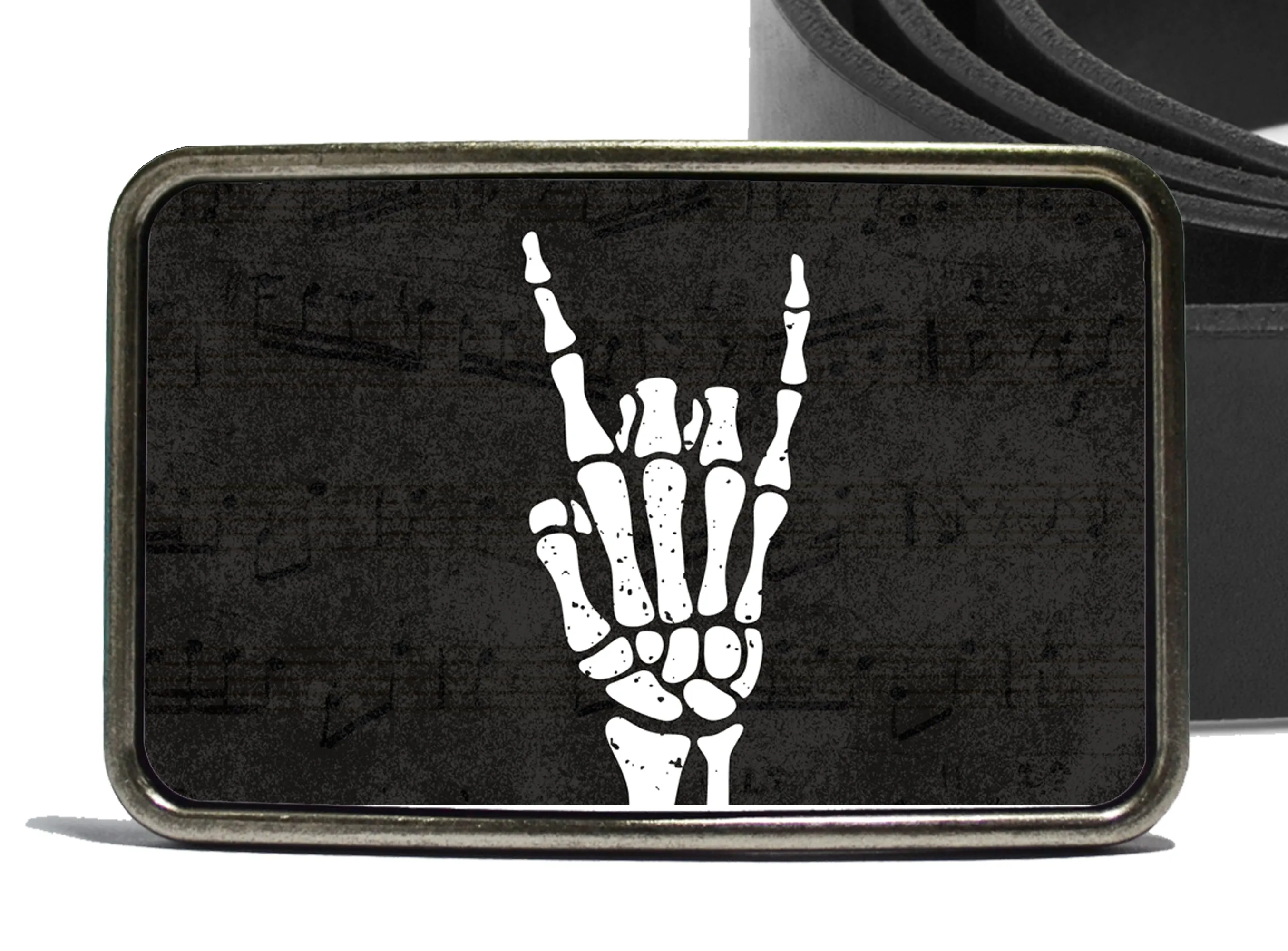 Rock and Roll Skeleton Belt Buckle - Skellie Hand Design