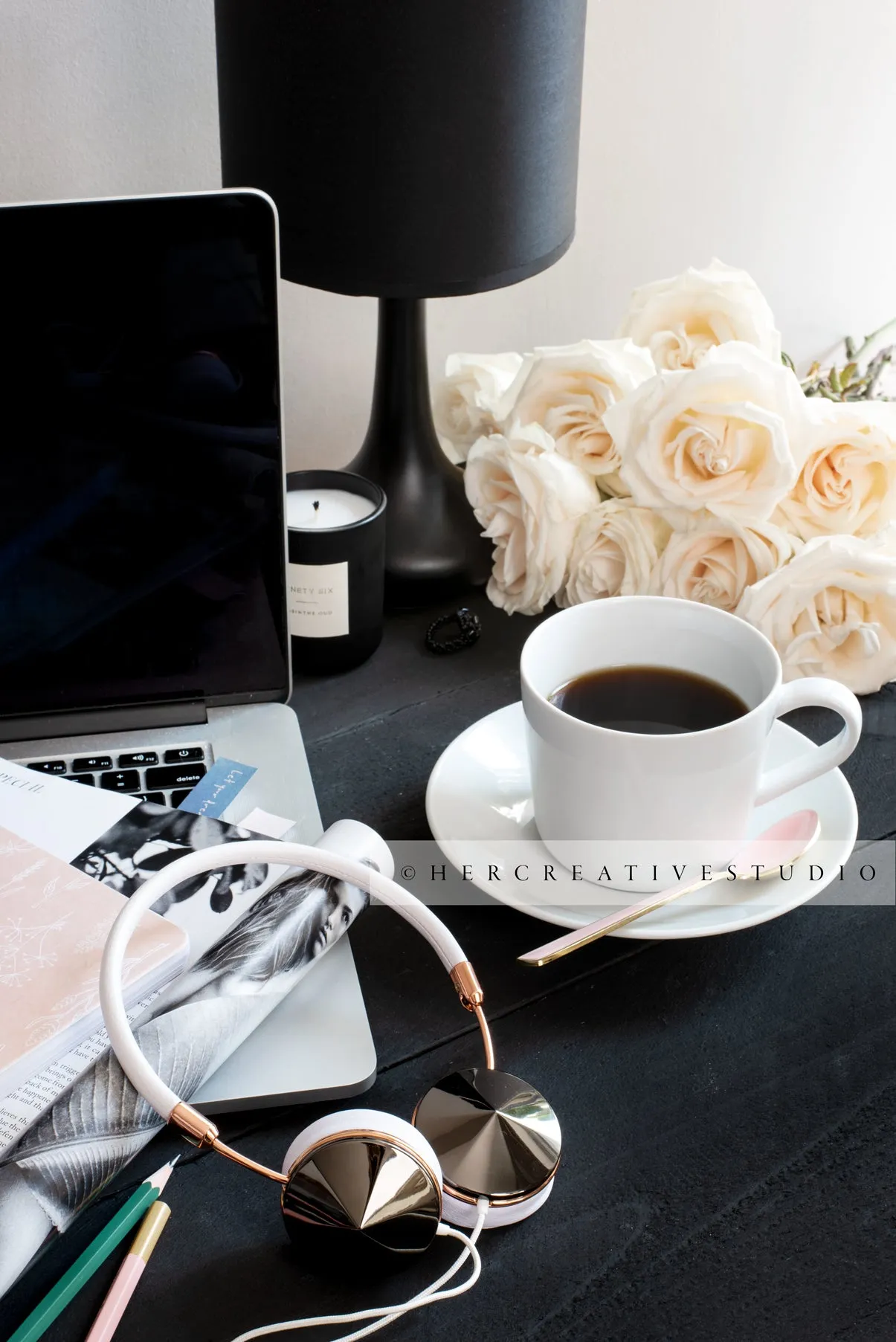 Roses, Laptop & Roses on a Black Desk