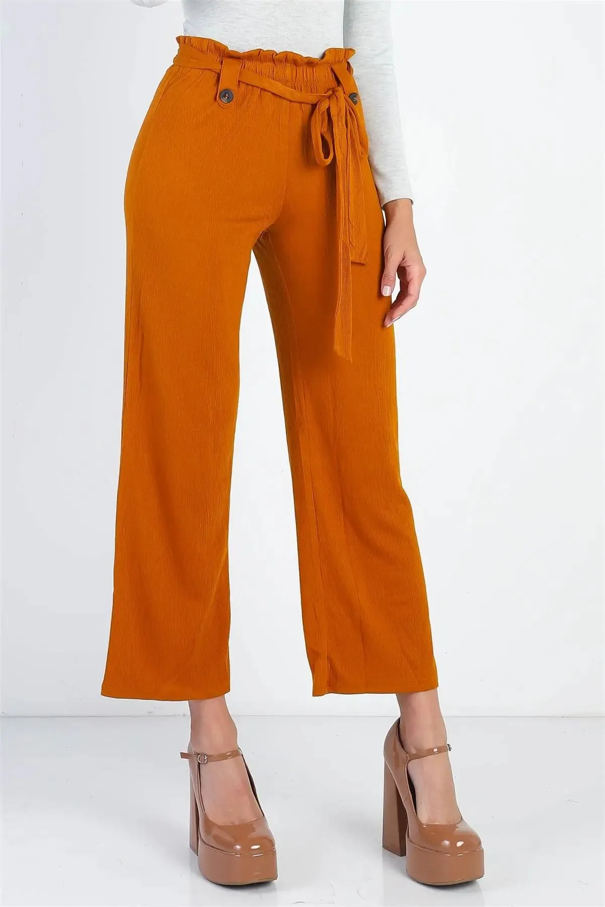 Rust Textured Self-Tie Belted Culotte Pants /2-2-2