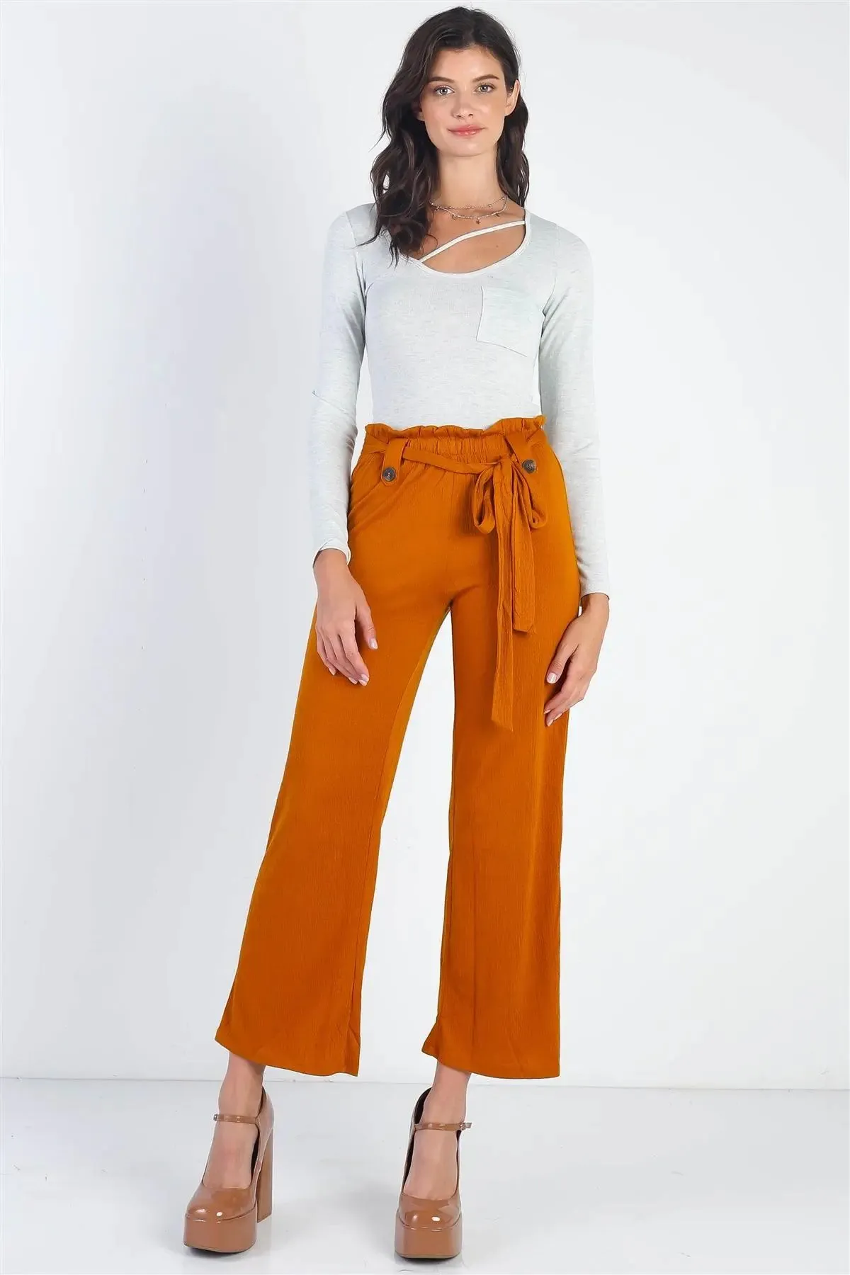 Rust Textured Self-Tie Belted Culotte Pants /2-2-2