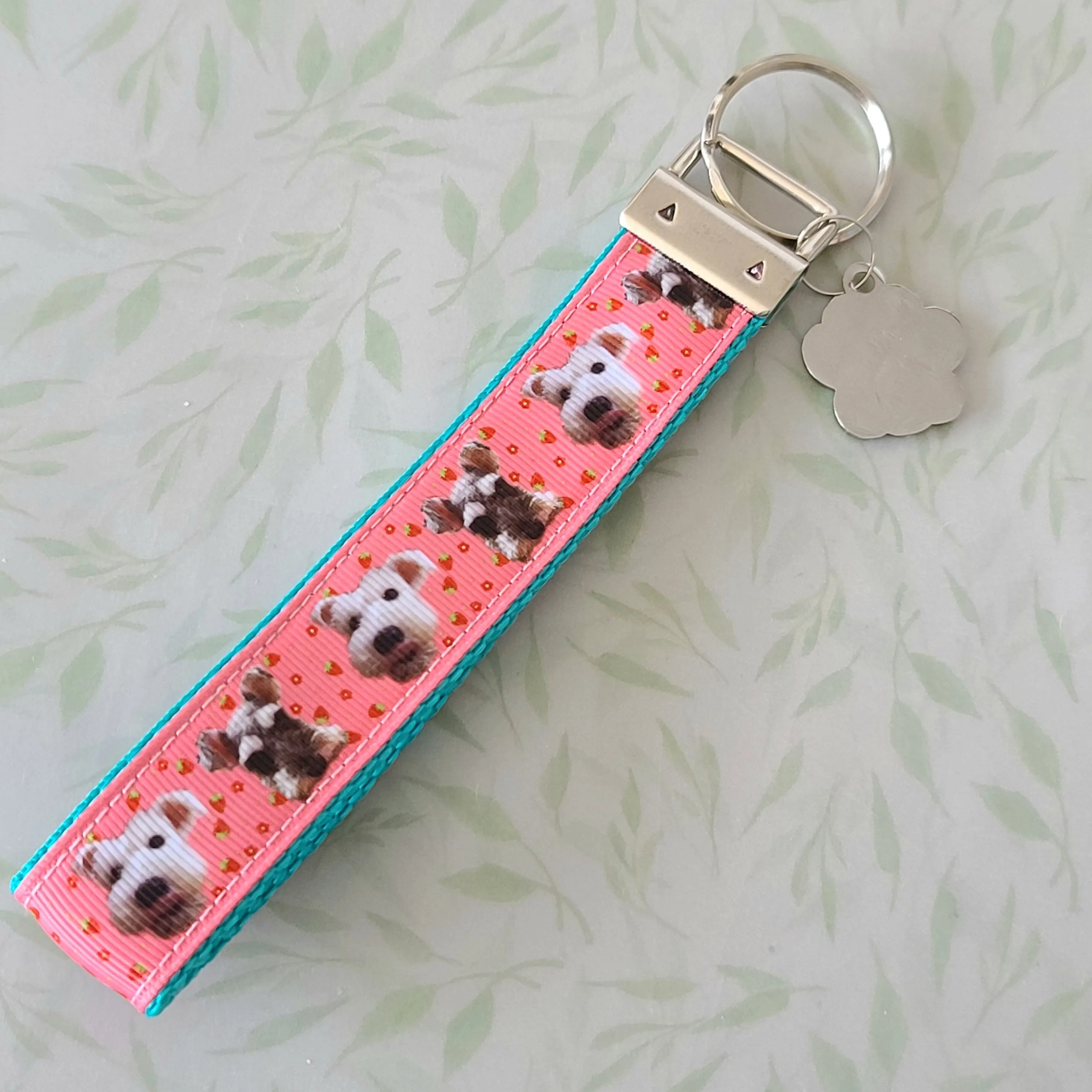 Schnauzers with Strawberries Key Fob /Schnauzer Key Chain with Glitter Enameled Paw Print Charm