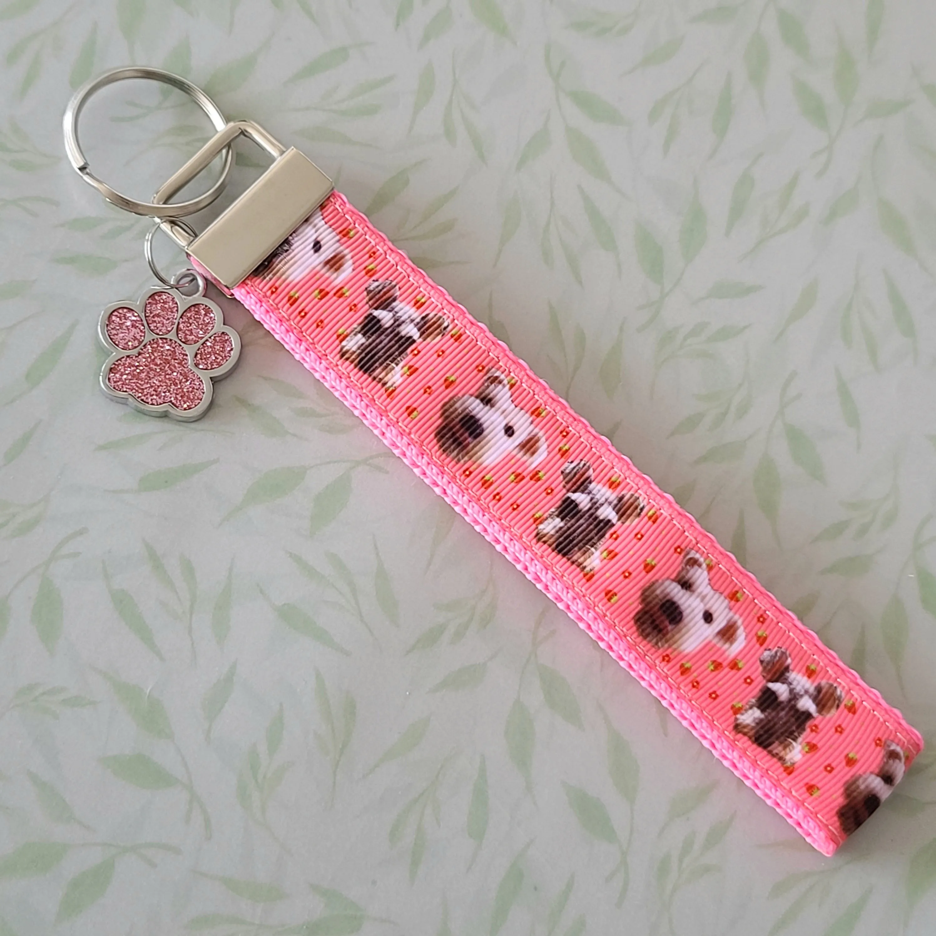 Schnauzers with Strawberries Key Fob /Schnauzer Key Chain with Glitter Enameled Paw Print Charm