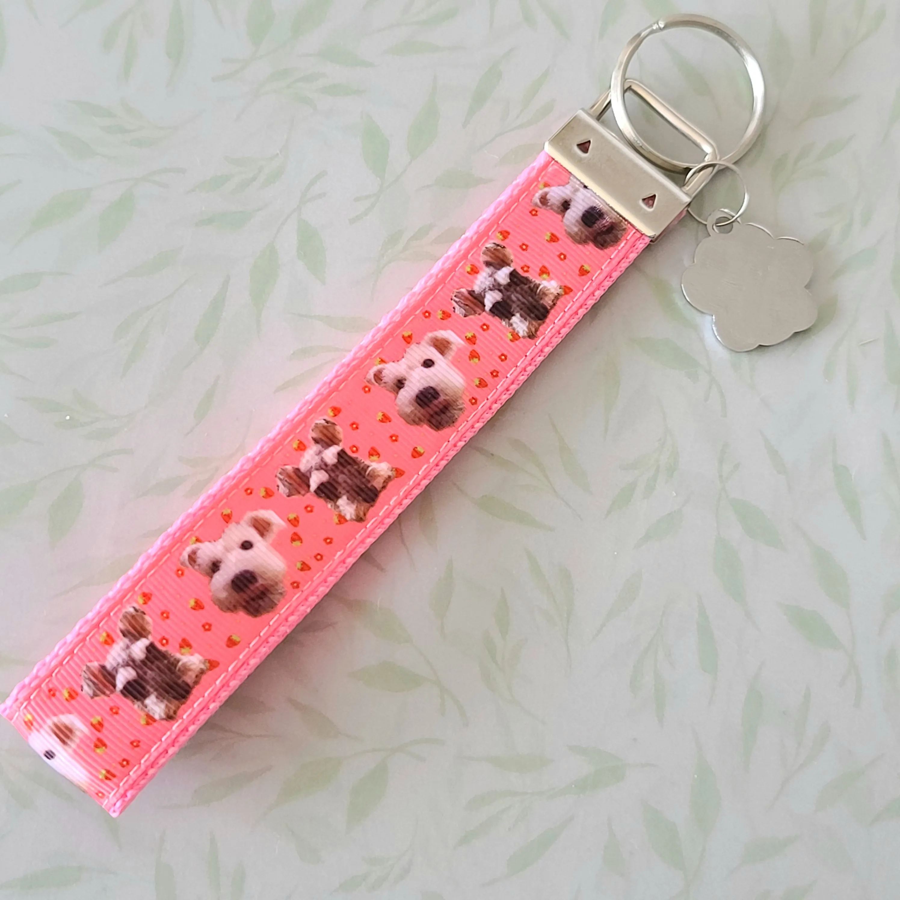 Schnauzers with Strawberries Key Fob /Schnauzer Key Chain with Glitter Enameled Paw Print Charm