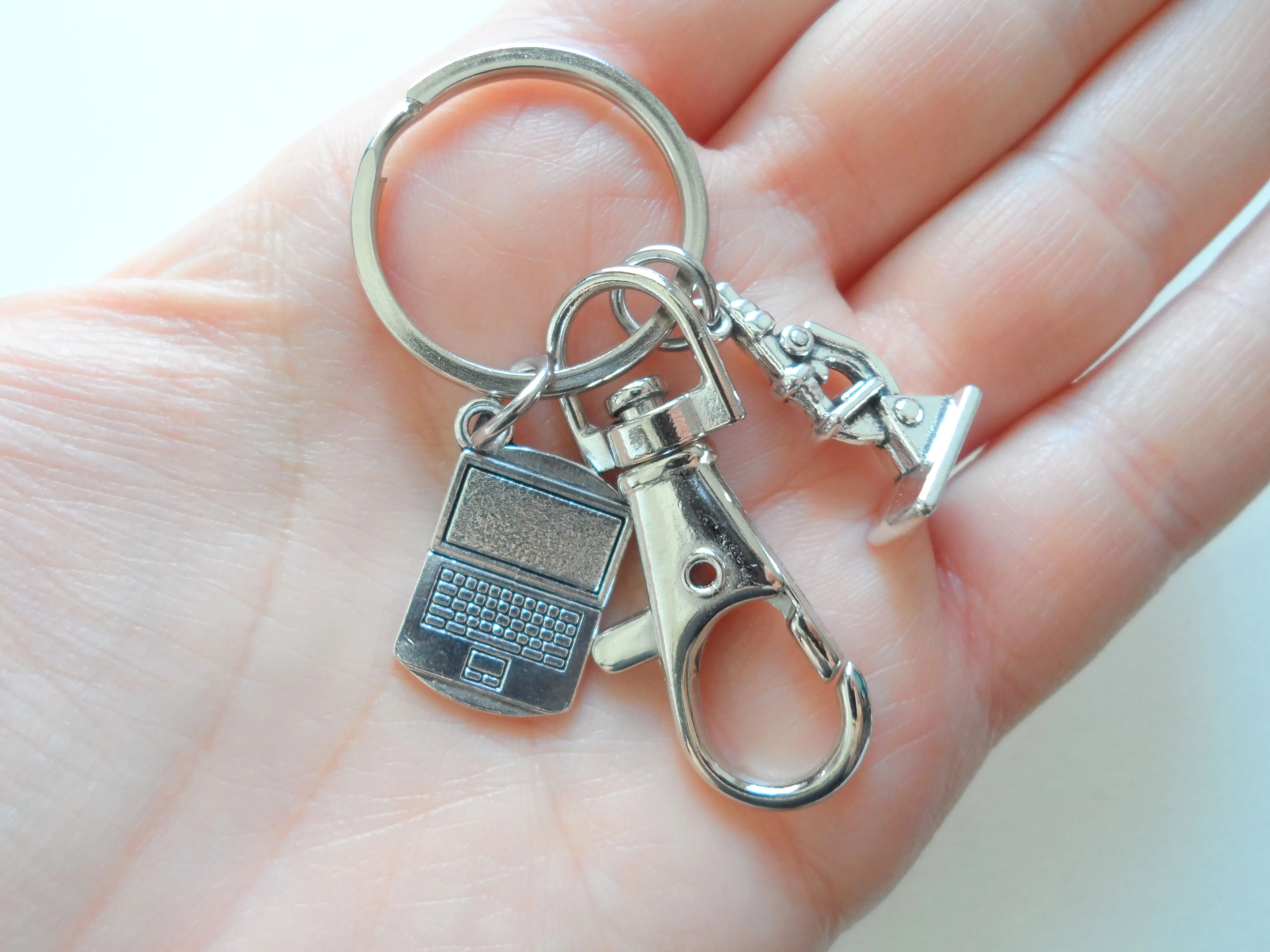 Science Keychain with Computer Laptop & Microscope Charm, and Swivel Clasp Hook, Lab Student or Teacher Keychain