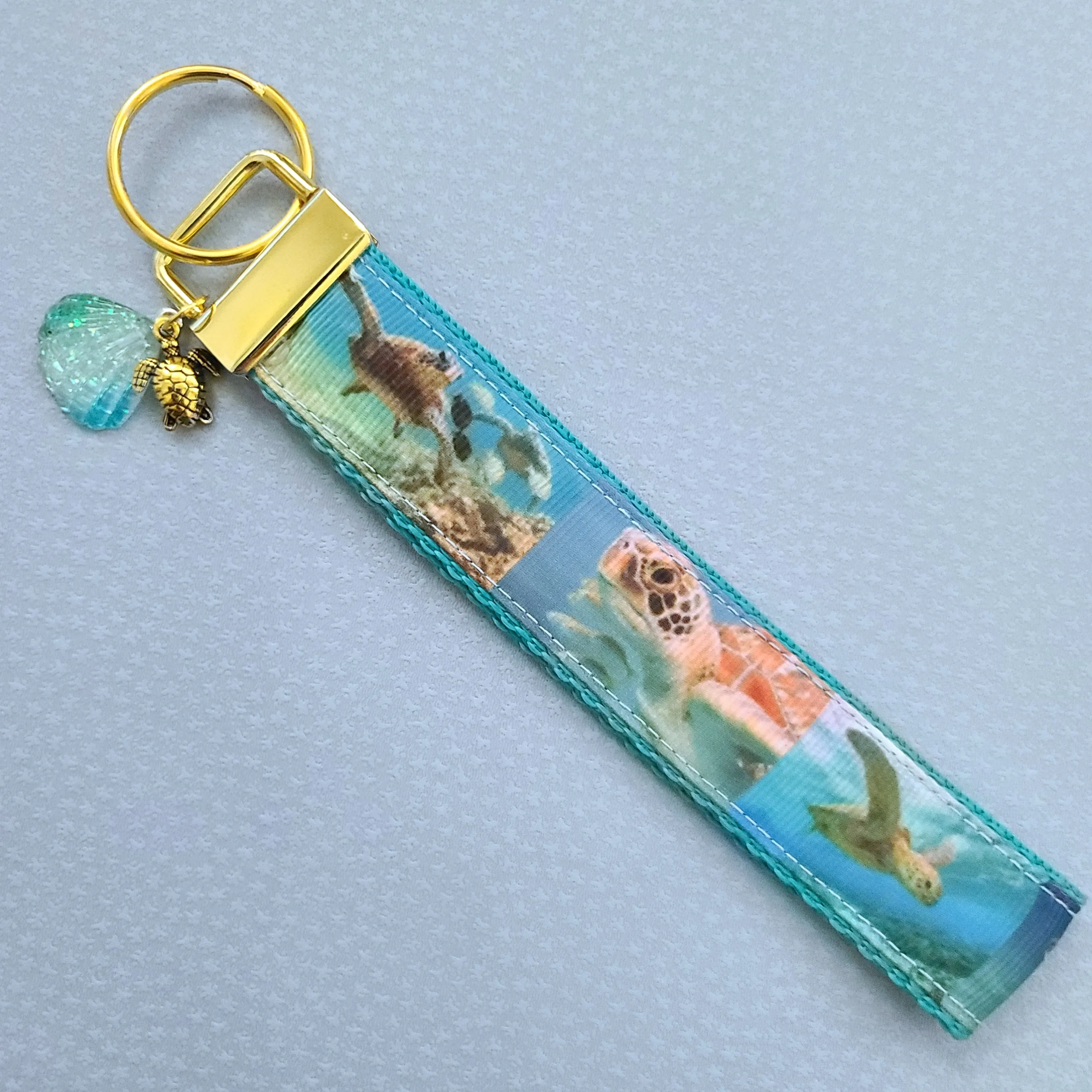 Sea Turtle in Watercolor on Rose Gold Key Chain Fob with Rose Gold Turtle Charm