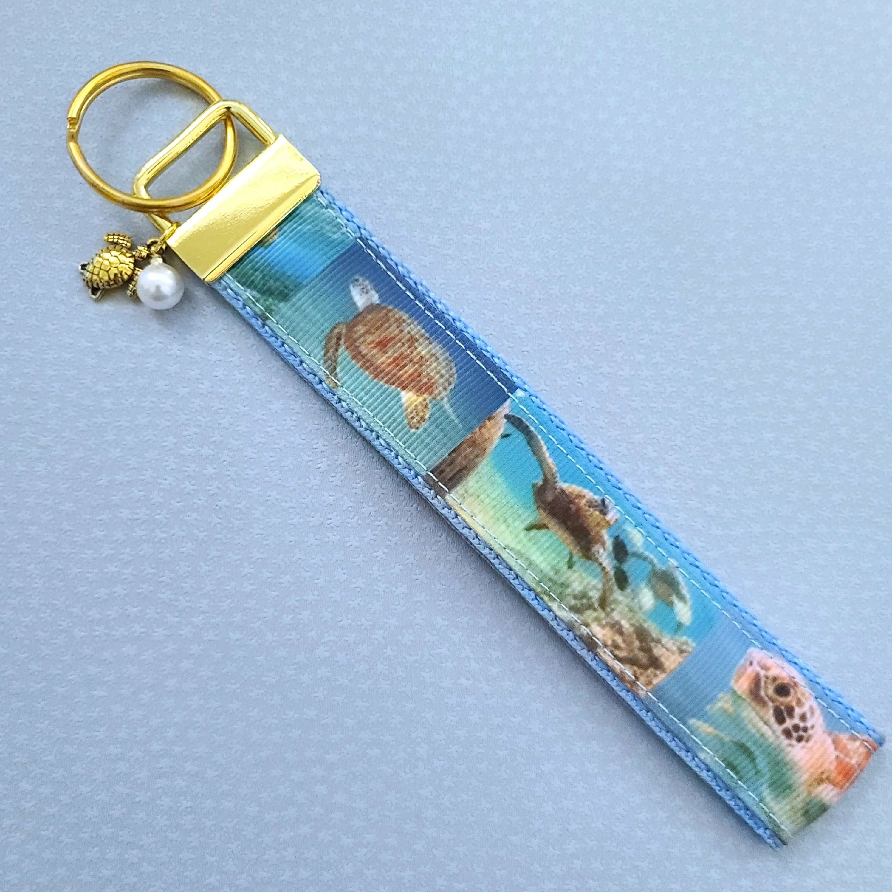 Sea Turtle in Watercolor on Rose Gold Key Chain Fob with Rose Gold Turtle Charm
