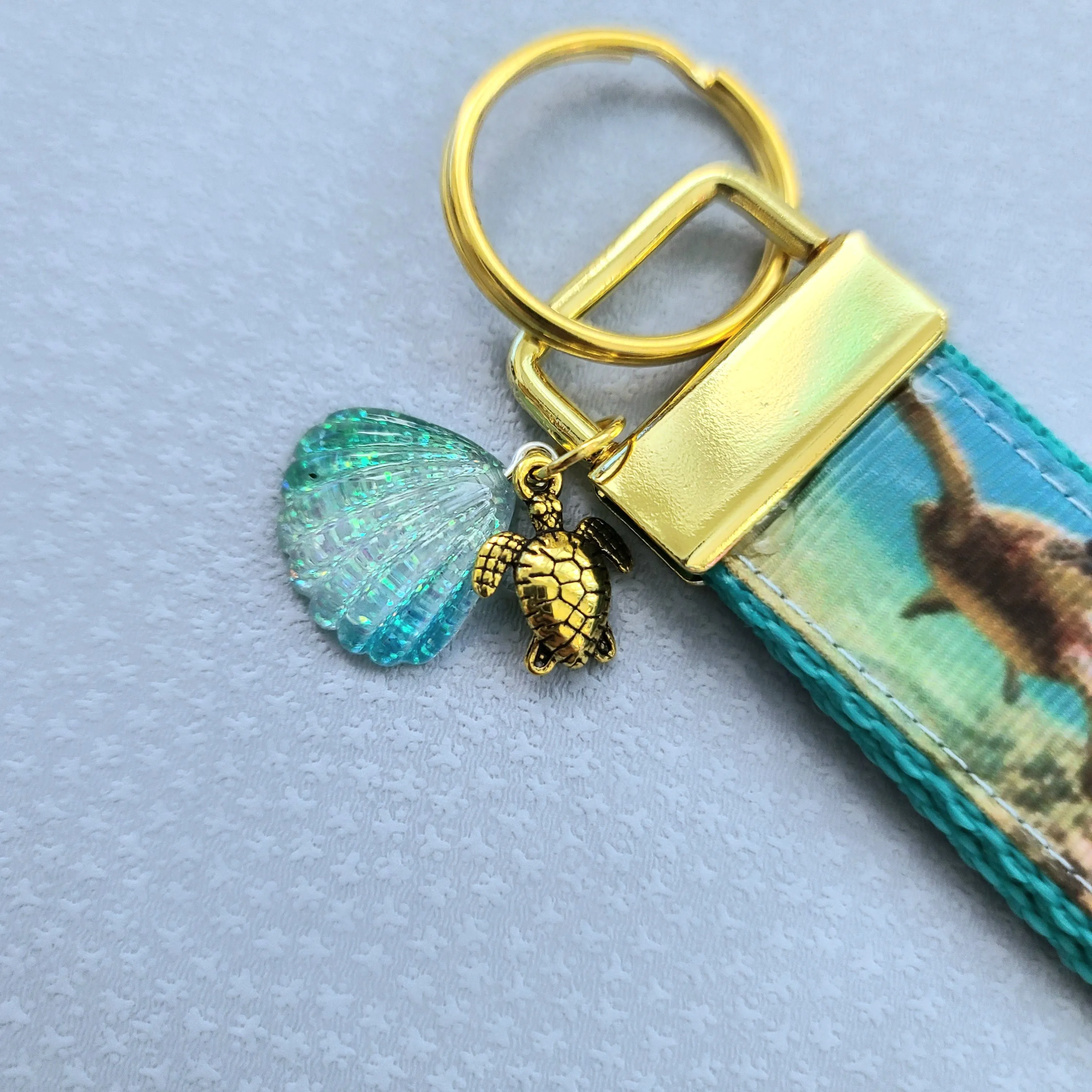 Sea Turtle in Watercolor on Rose Gold Key Chain Fob with Rose Gold Turtle Charm